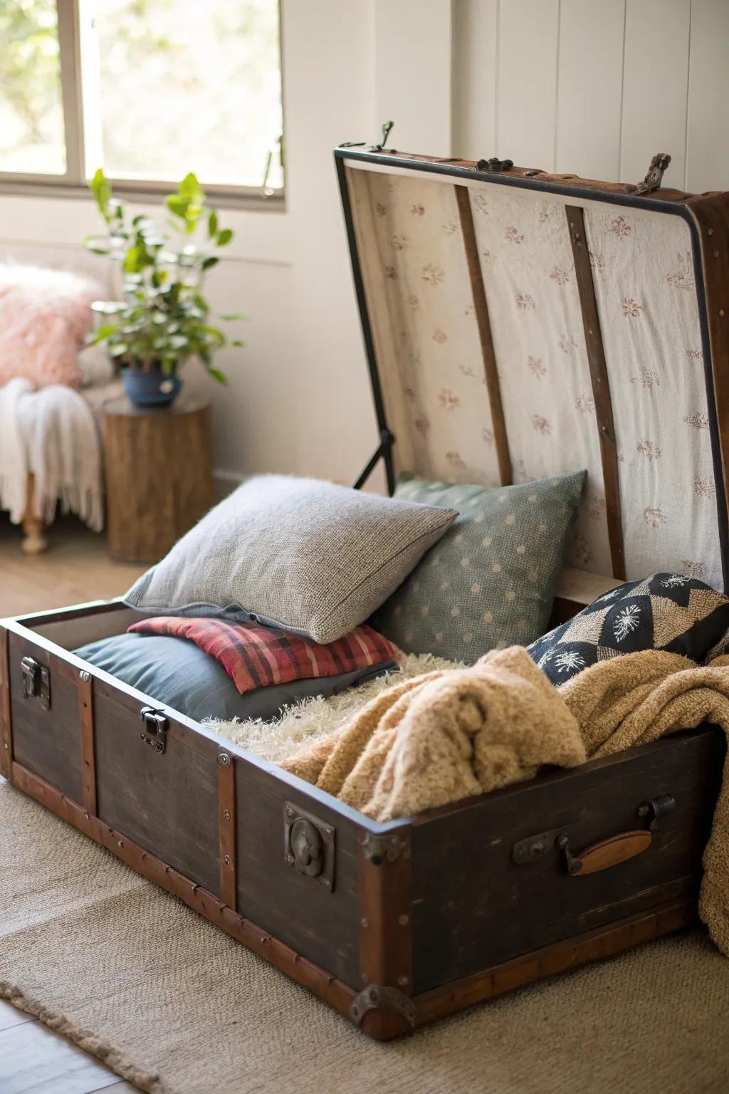 A trunk creatively converted into a snug pet sanctuary, perfect for any furry friend.