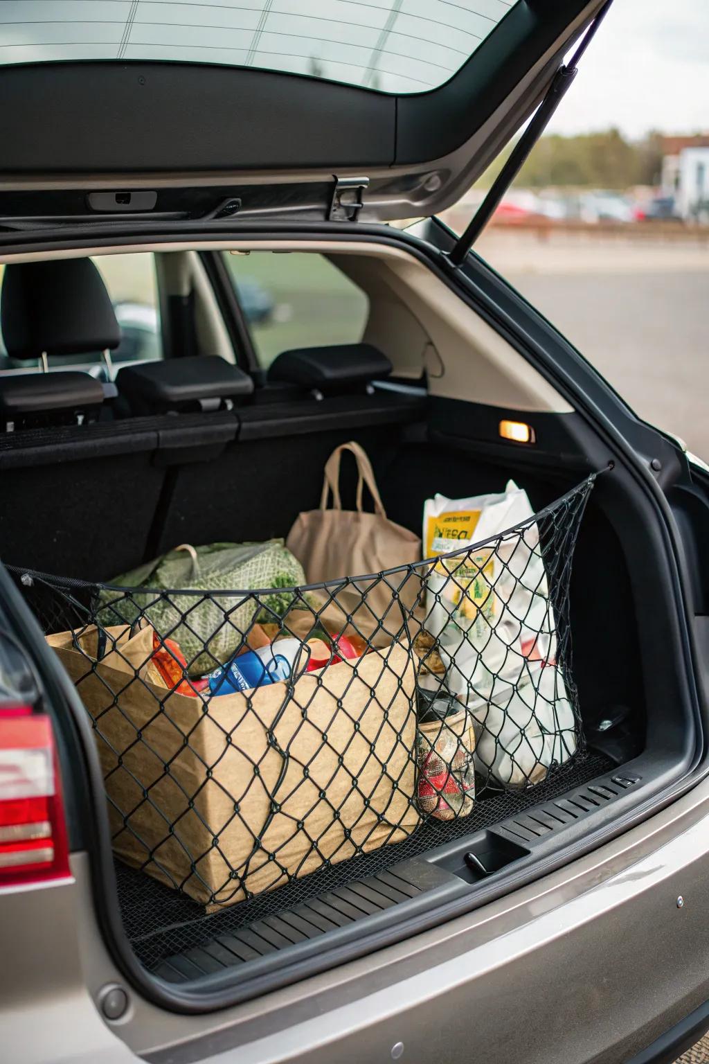 Groceries and other small items are kept safe in the trunk by a cargo net.