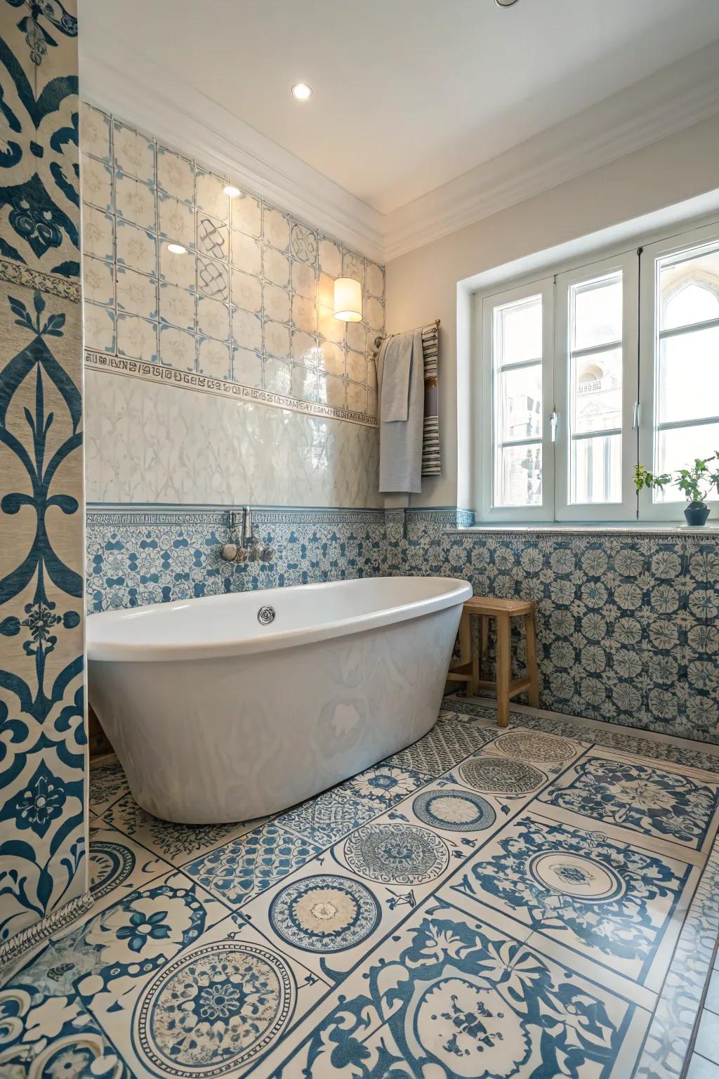 Intricate tile designs contribute character and texture to the tub zone.