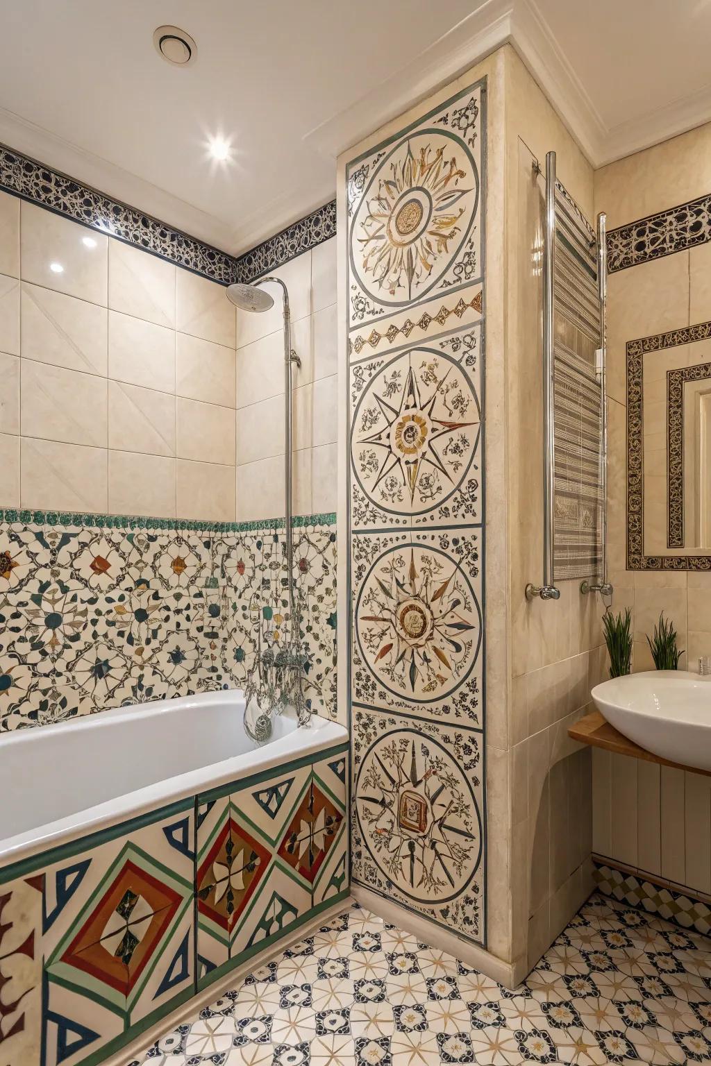 Detailed tile accents bring texture and visual interest to the tub and shower space.