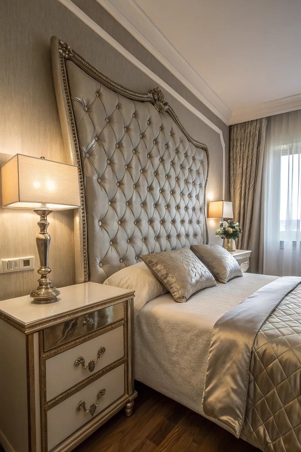 A glamorous bedroom showcases a metallic-accented tufted headboard.