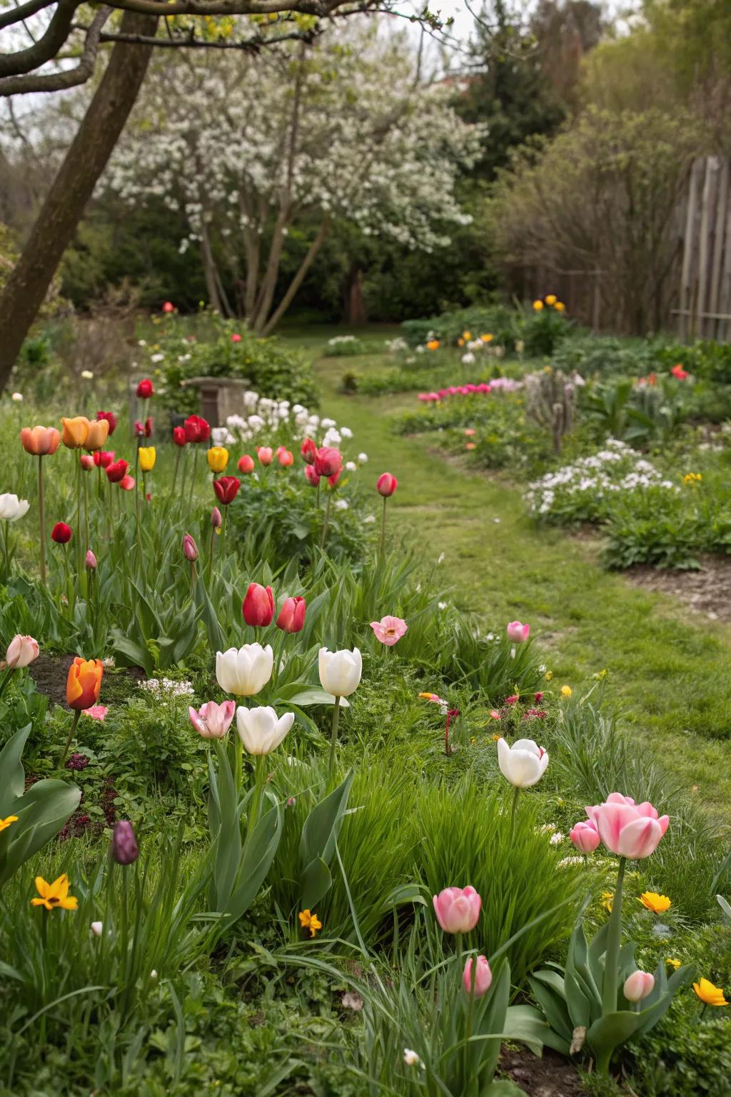 A naturalistic tulip planting, offering an organic and relaxed garden atmosphere.