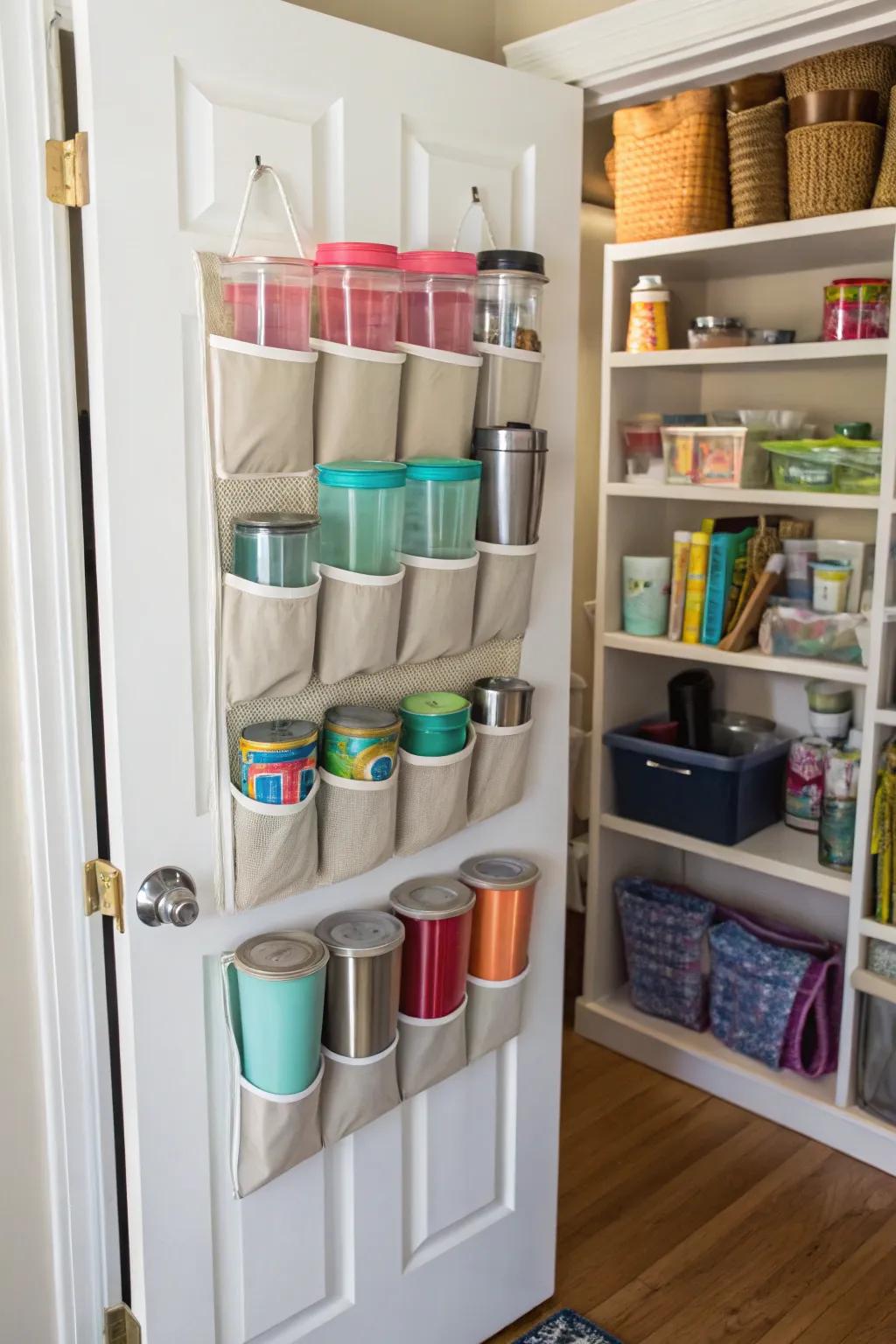Footwear organizer repurposed as a tumbler storage solution.