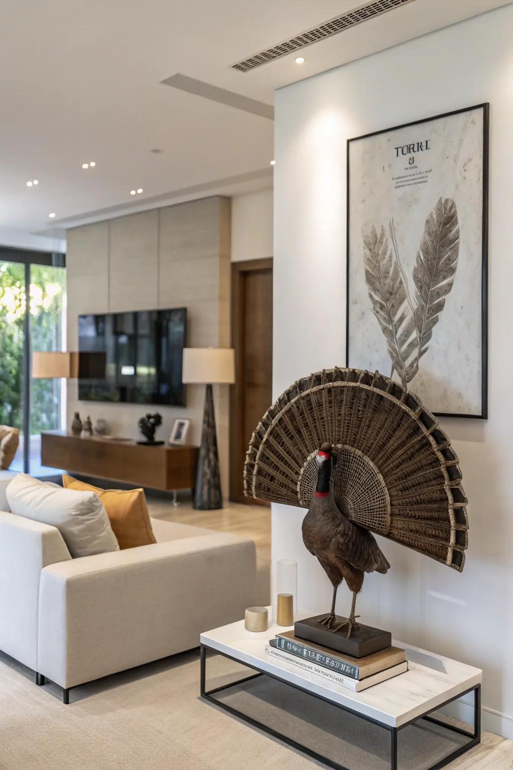 A simple hanger that allows the beauty of the turkey fan to radiate.