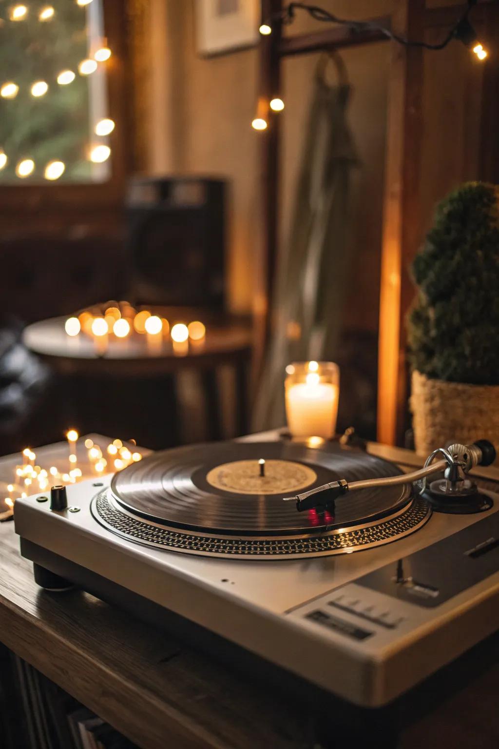Comforting lights enveloping a record player in a cozy glow.