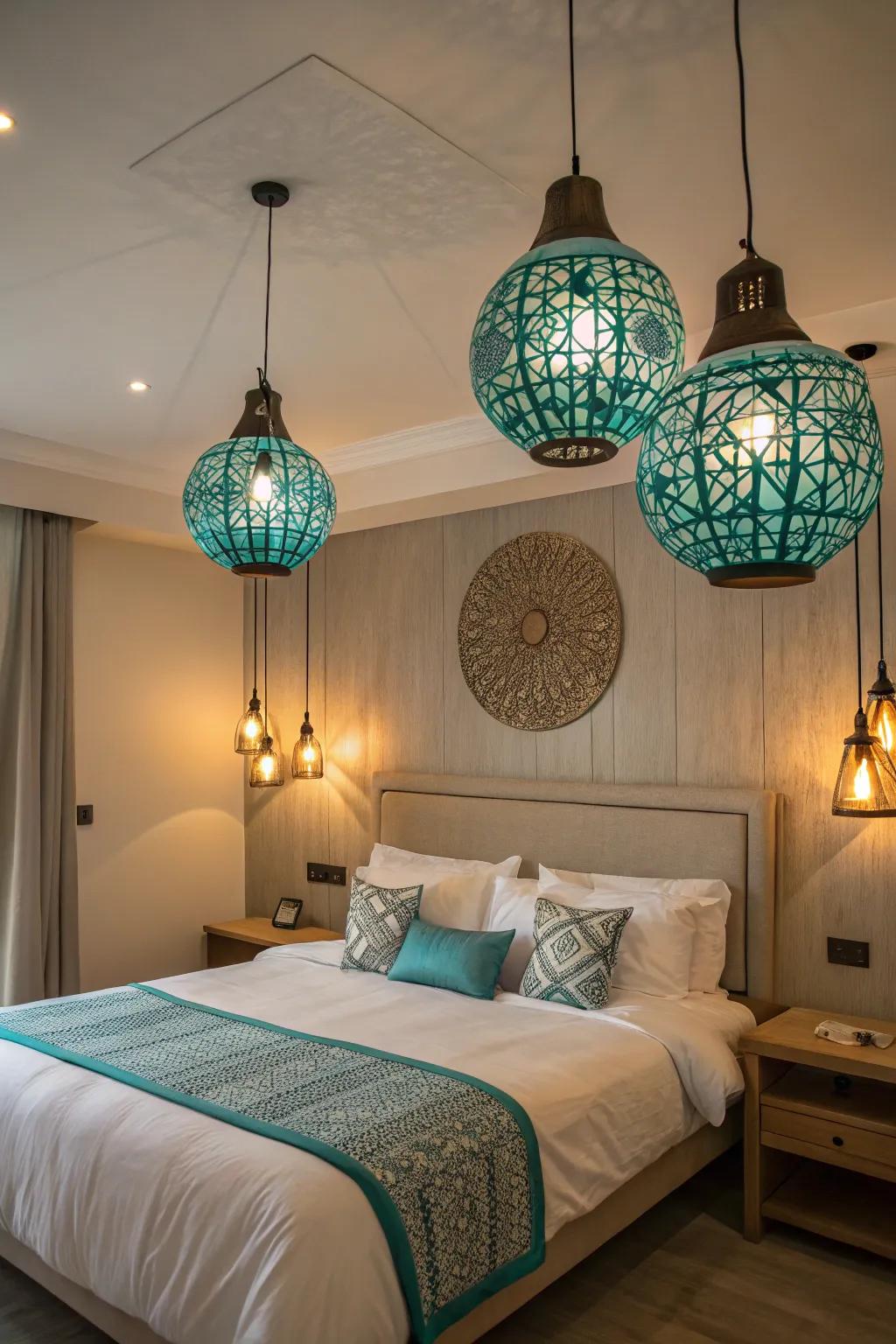 Turquoise lighting drenches this bedroom in a tender and alluring glow.