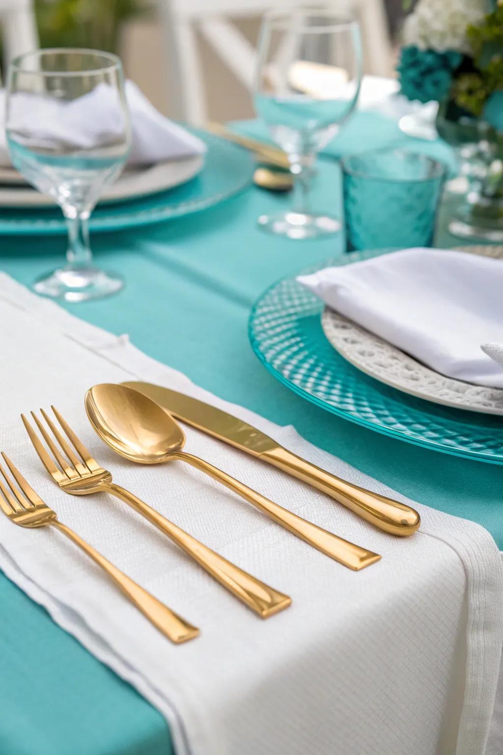 Gilded flatware bestows a lavish element to the turquoise idea.