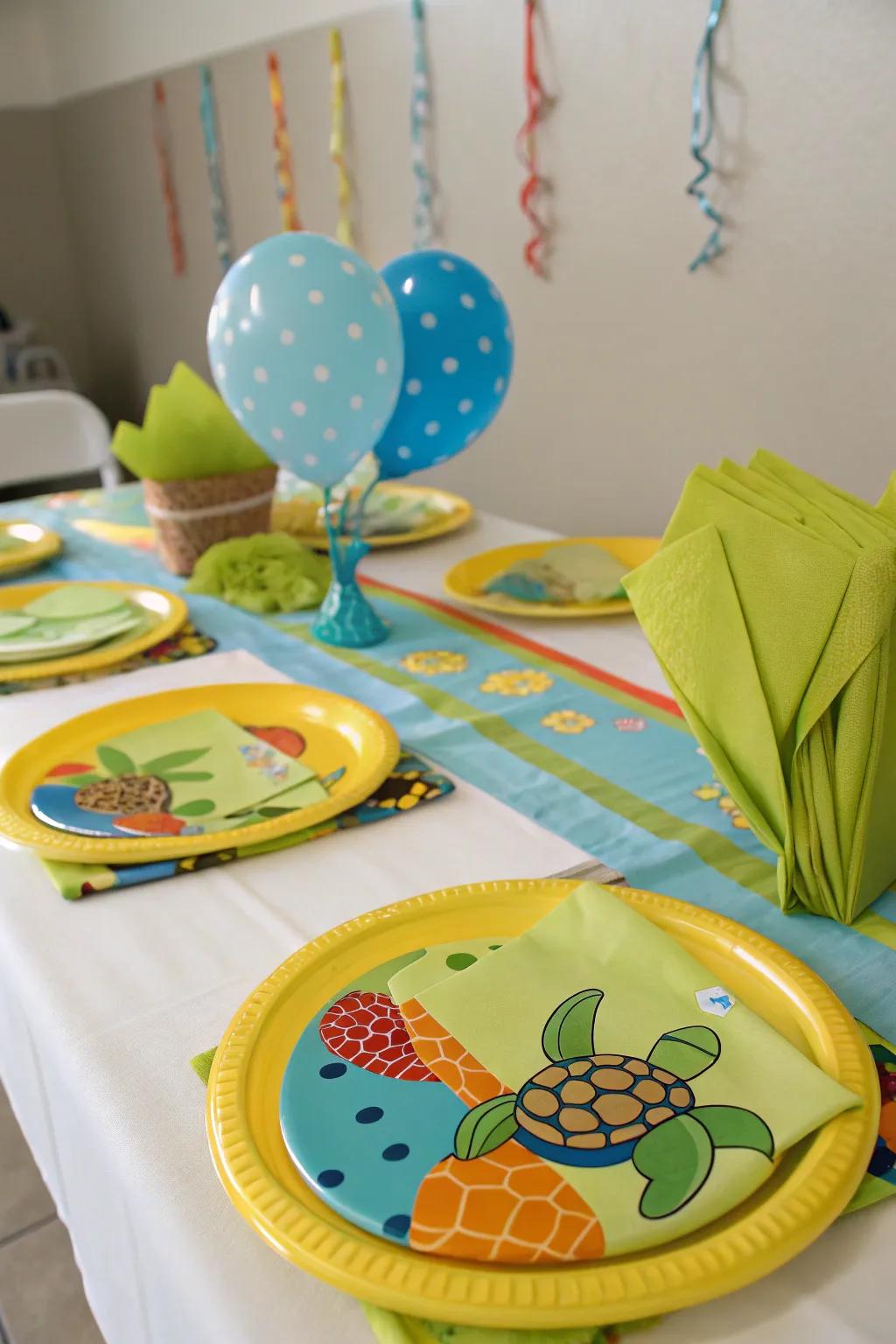 Endearing turtle-themed place settings, achieving a unified aesthetic.