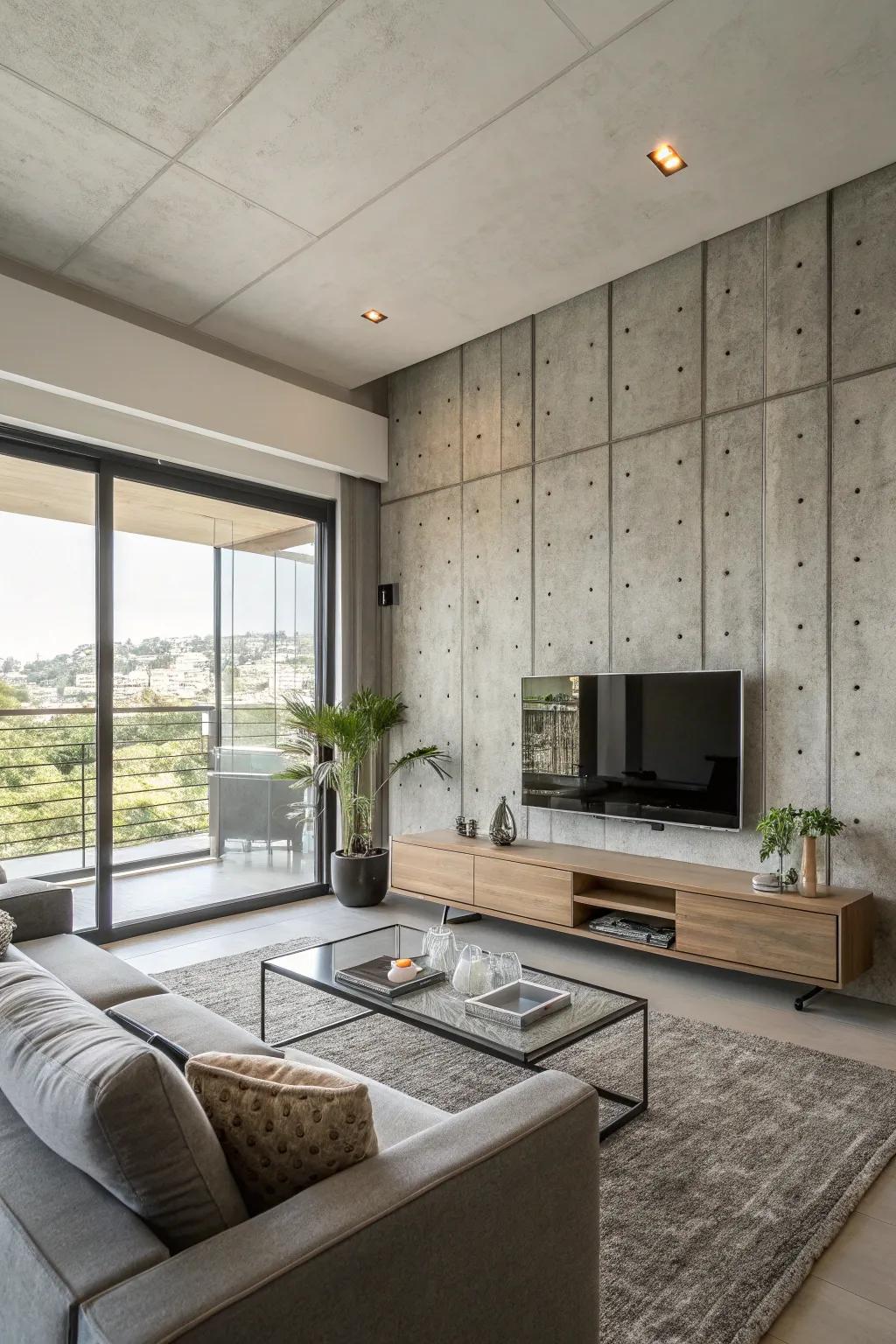 A concrete finish imparts a sleek, industrial character to this TV feature wall.