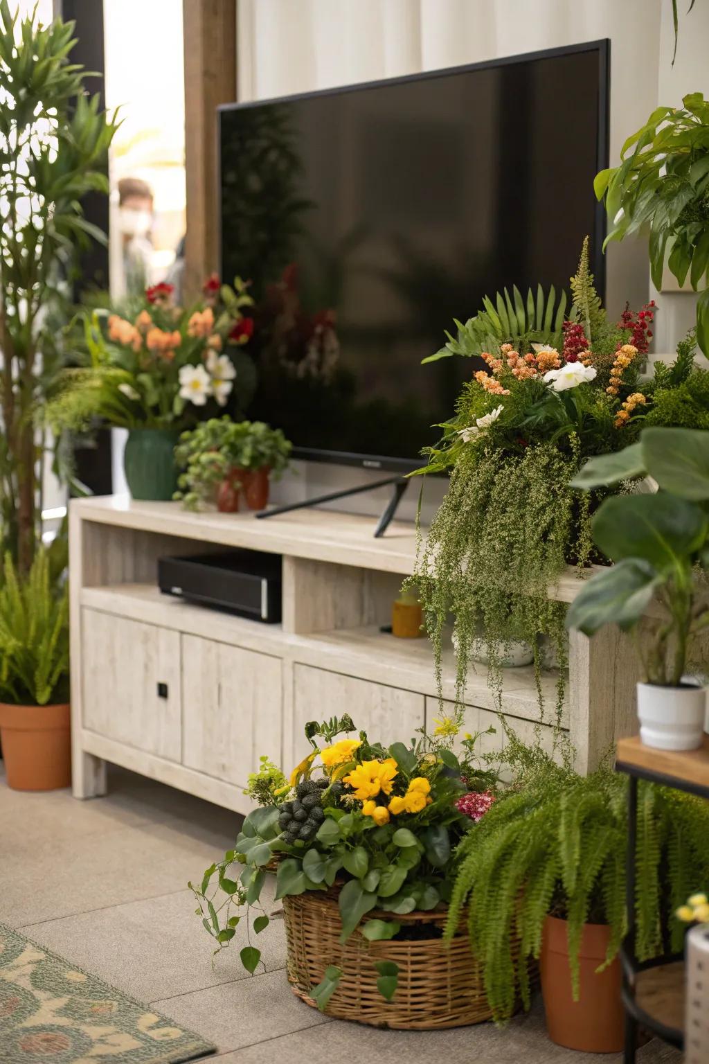 Natural elements like greenery on a media console.