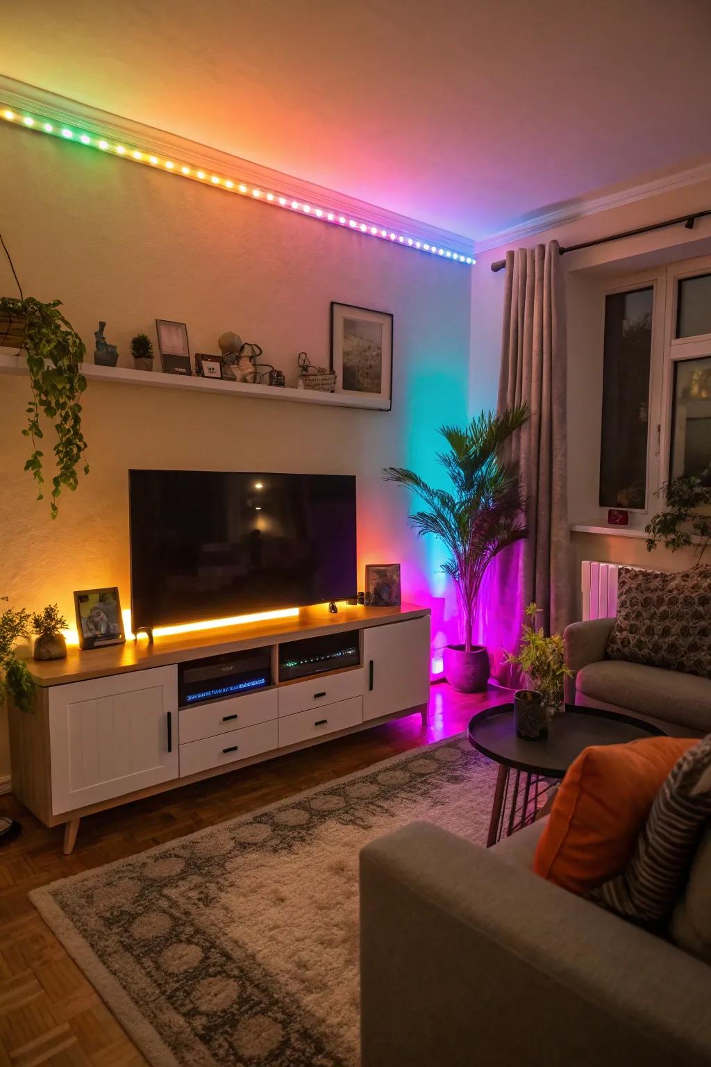 A TV wall further enhanced by vibrant LED accent lighting.