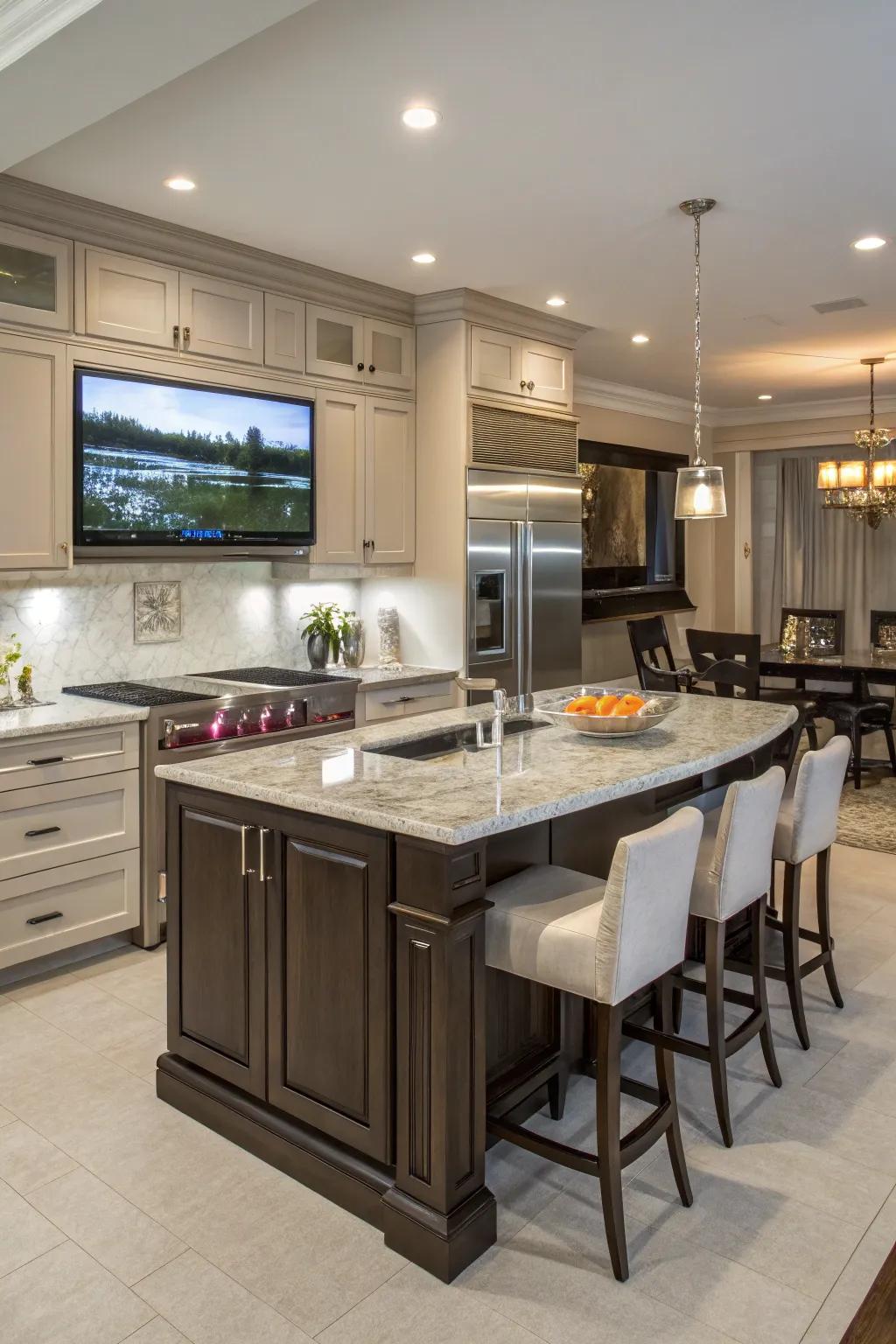 A cooking area island featuring an integrated panel display, establishing a central entertainment center.