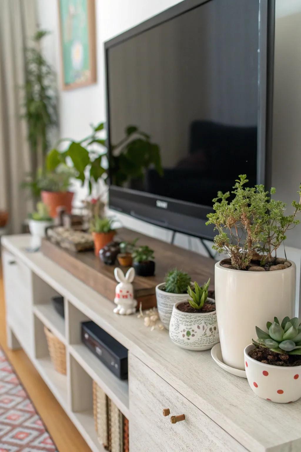 Plants and decor bring warmth and character to your media center.