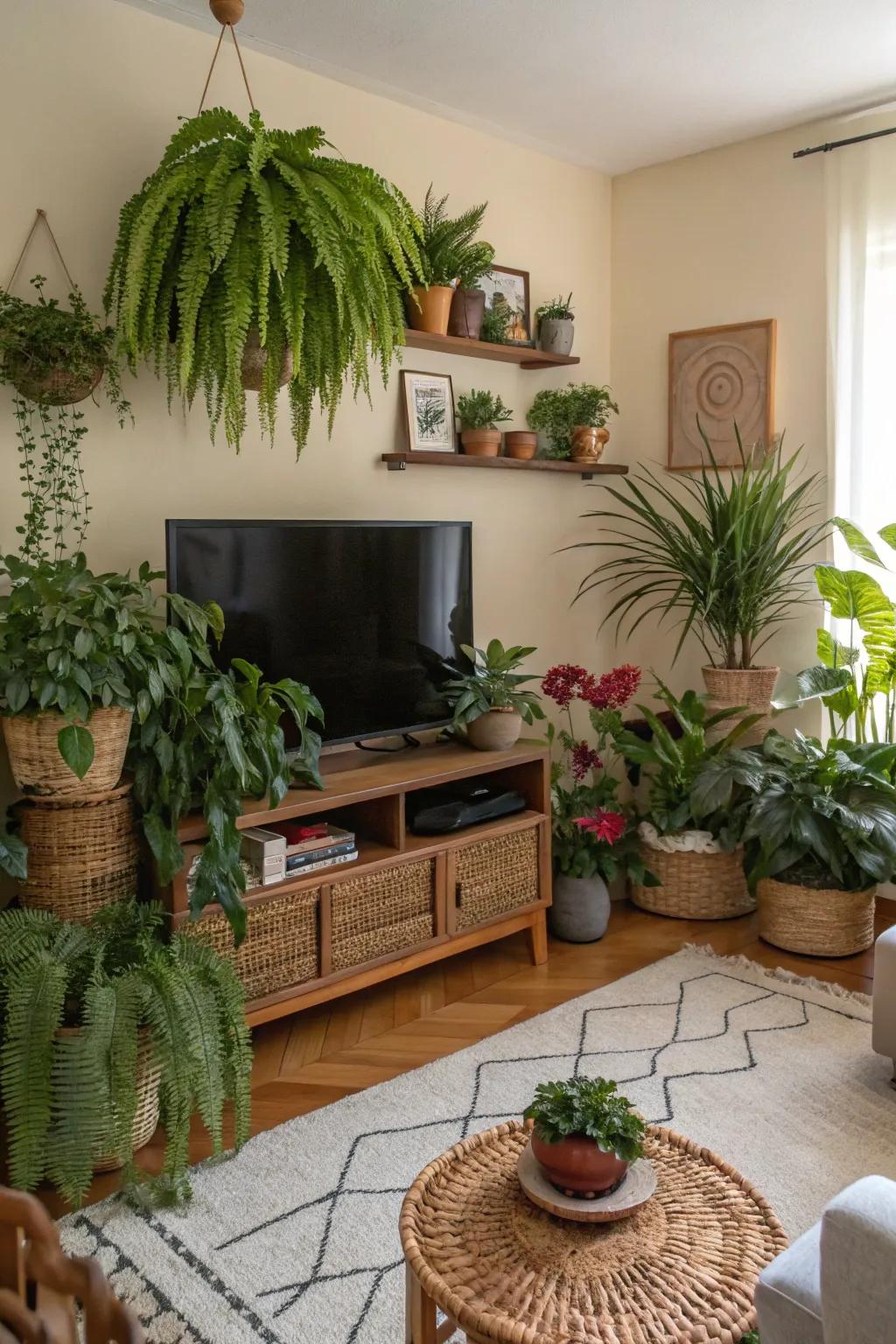 Plant life infuses vitality and color into this TV wall design.
