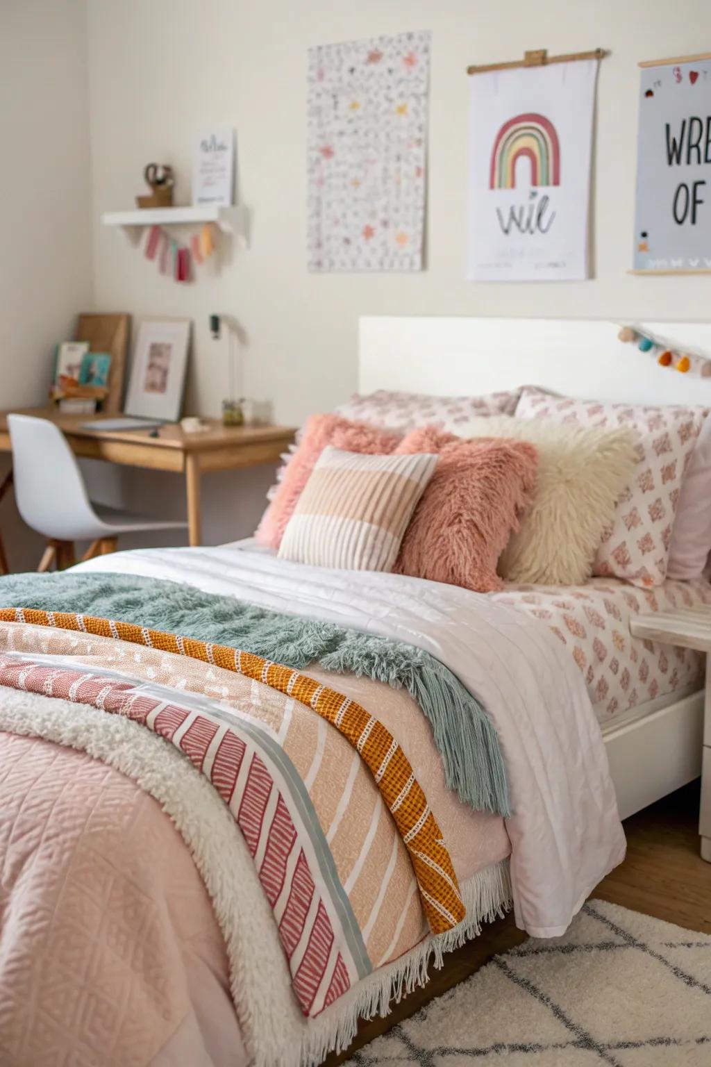 Textured textiles create a cozy, layered look that's both stylish and inviting.