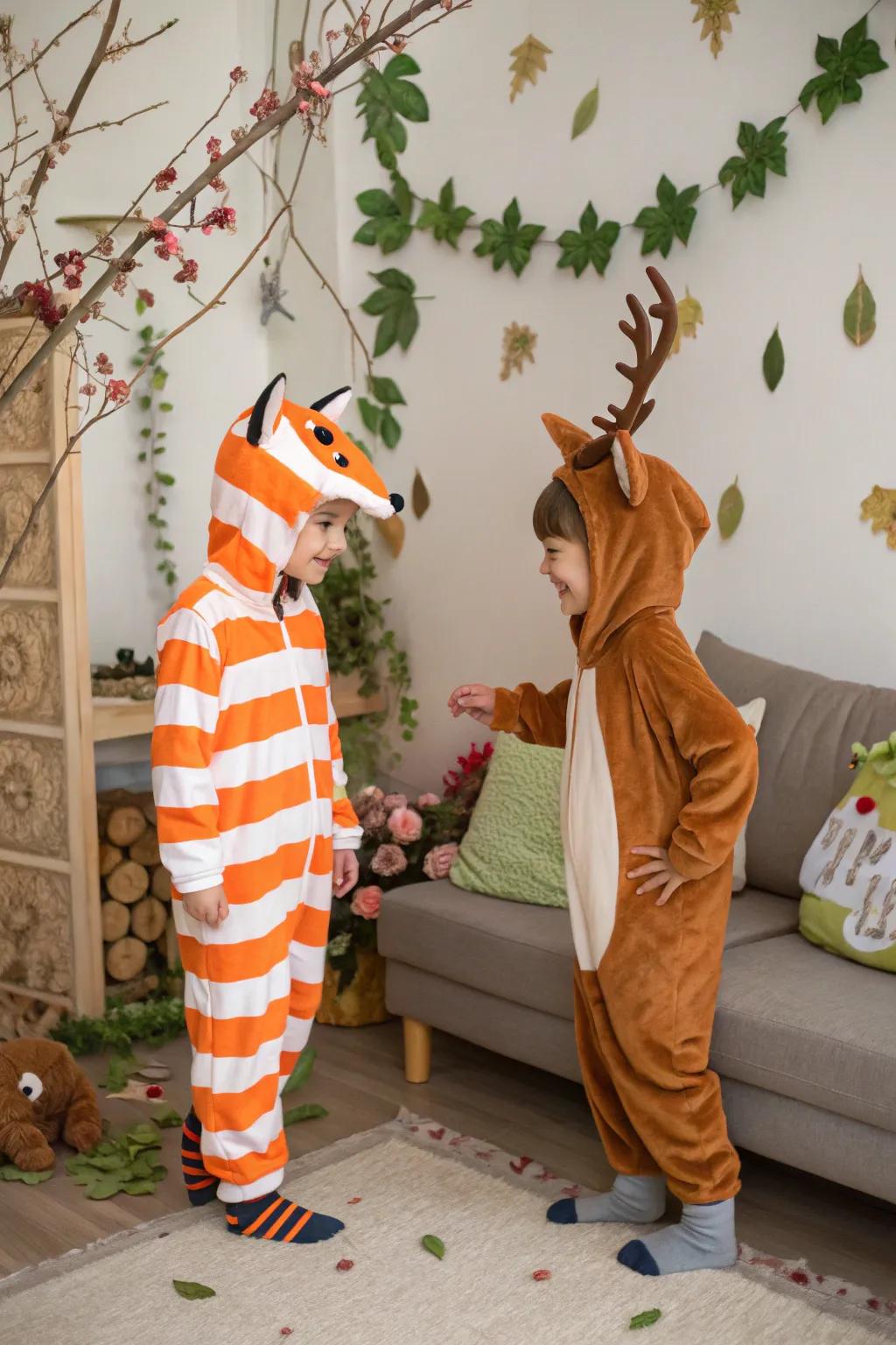 Into the wilderness: twins as a squirrel and a rabbit.