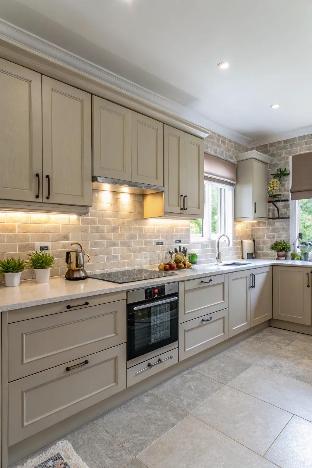 A kitchen showcasing harmonious and soft shade consistency in its backsplash.