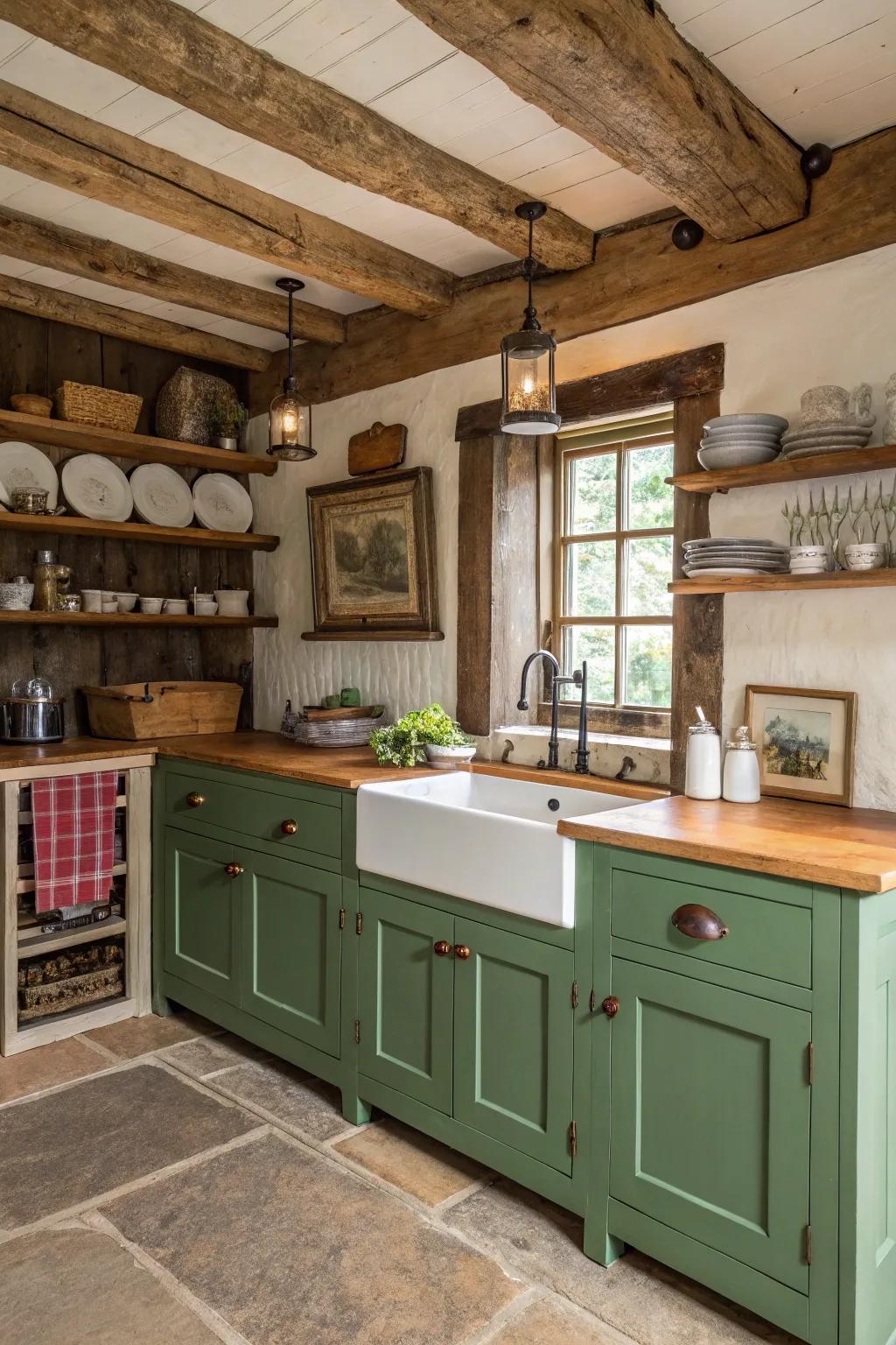 Countryside charm with forest green and timber cabinets for a farmhouse feel.