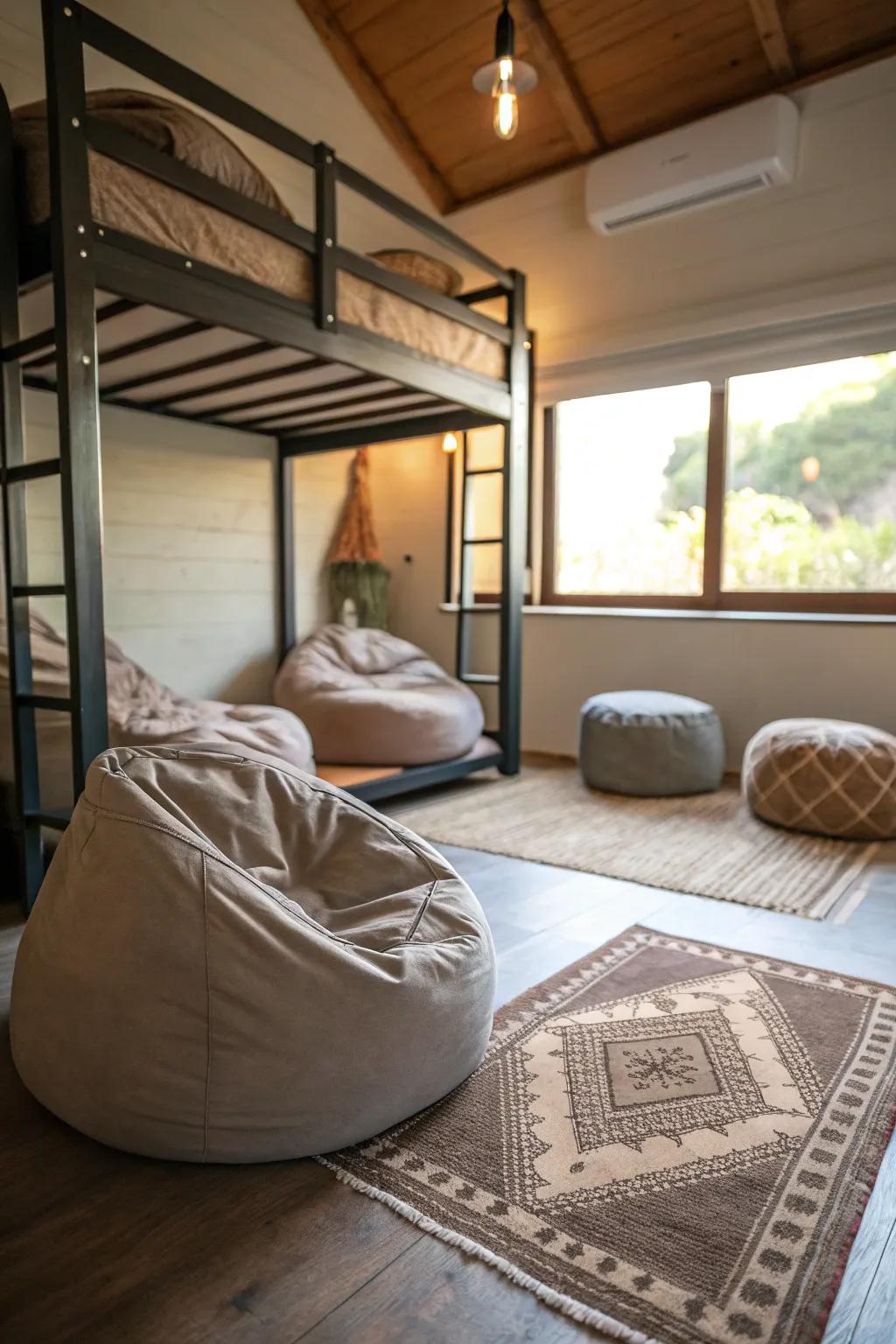 A relaxing lounge area beneath the bunk bed.