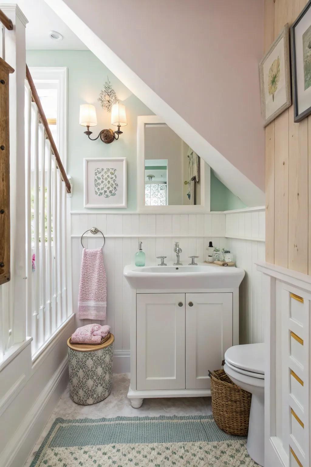 A restroom under the staircase with a light color scheme creating an open and inviting atmosphere.