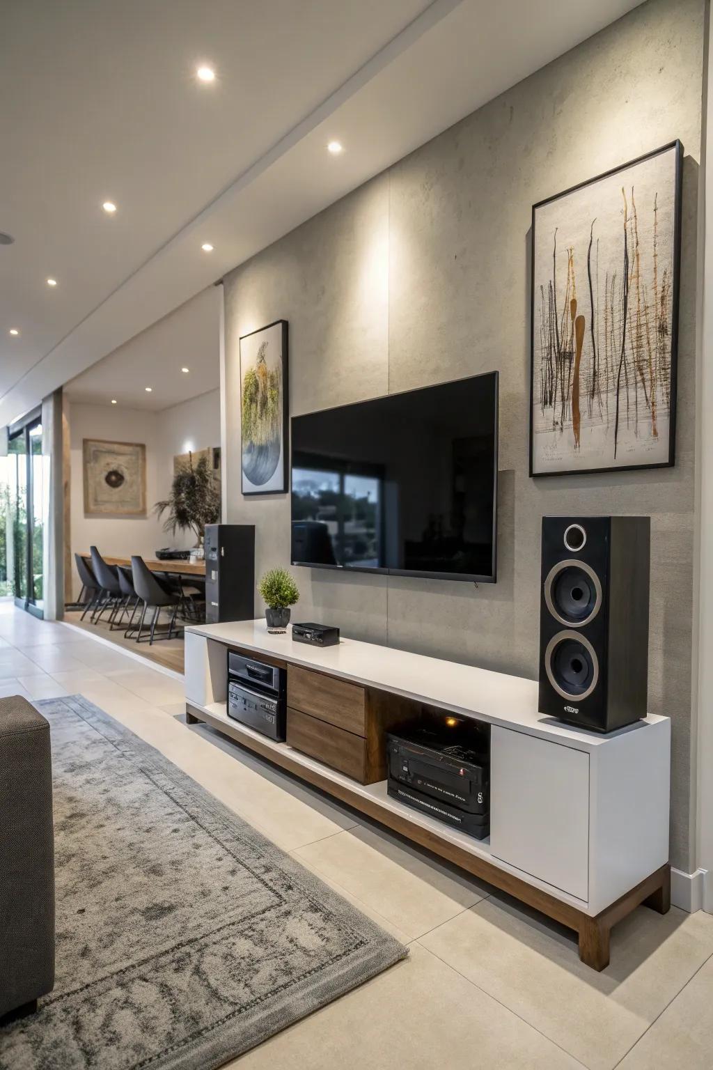 An audio installment beneath your television enhances your viewing pleasure.