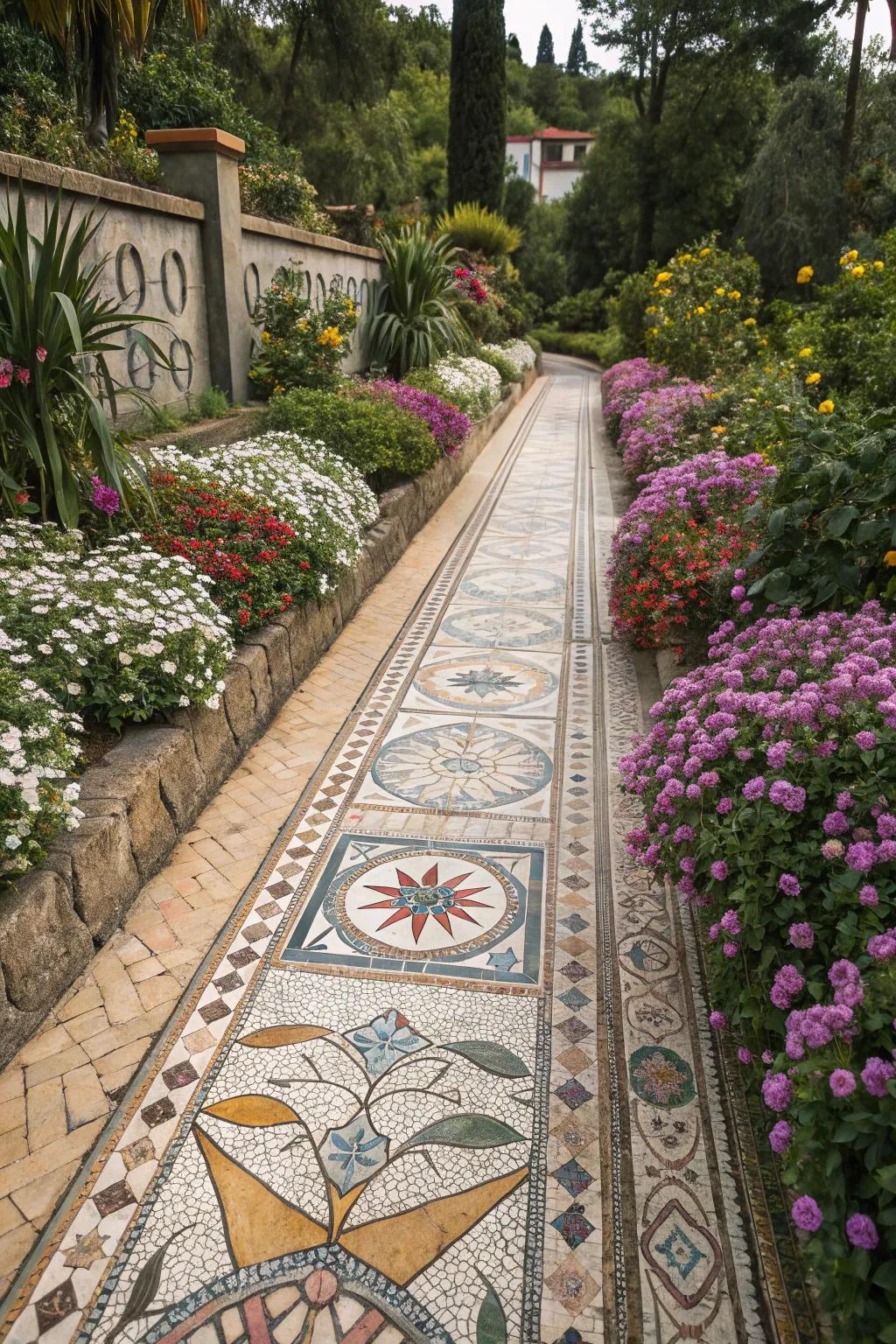 Mosaic paths turn a garden into an artistic display.