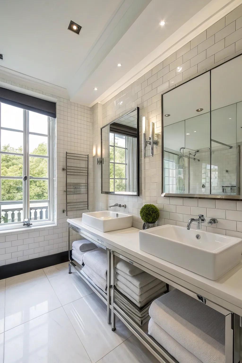 Fashionable aesthetic components yield a streamlined and simple-to-preserve washroom.