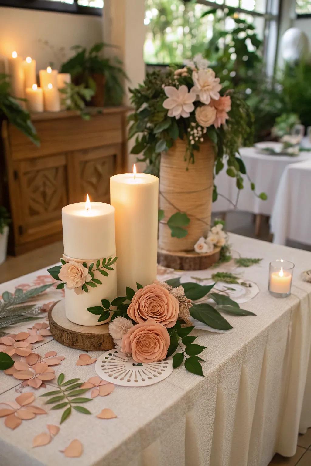 Ornamental paper-based flora and foliage infuse whimsy into this unity candle table.