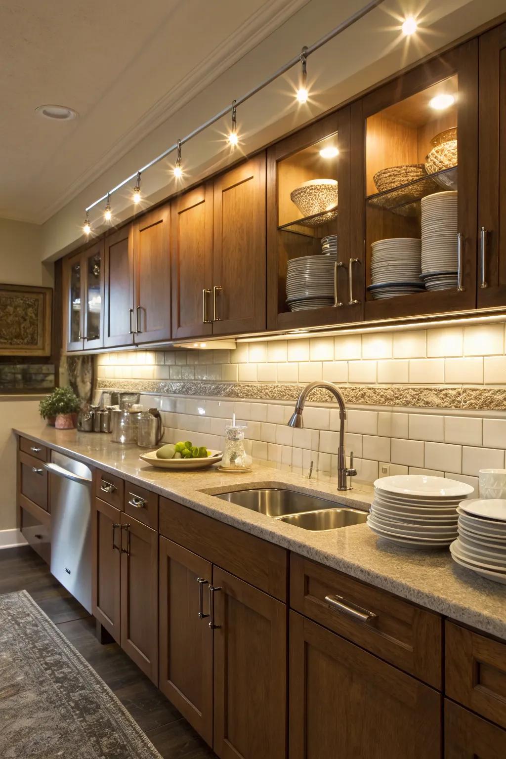 Rod illumination delivers practical light for kitchen undertakings.