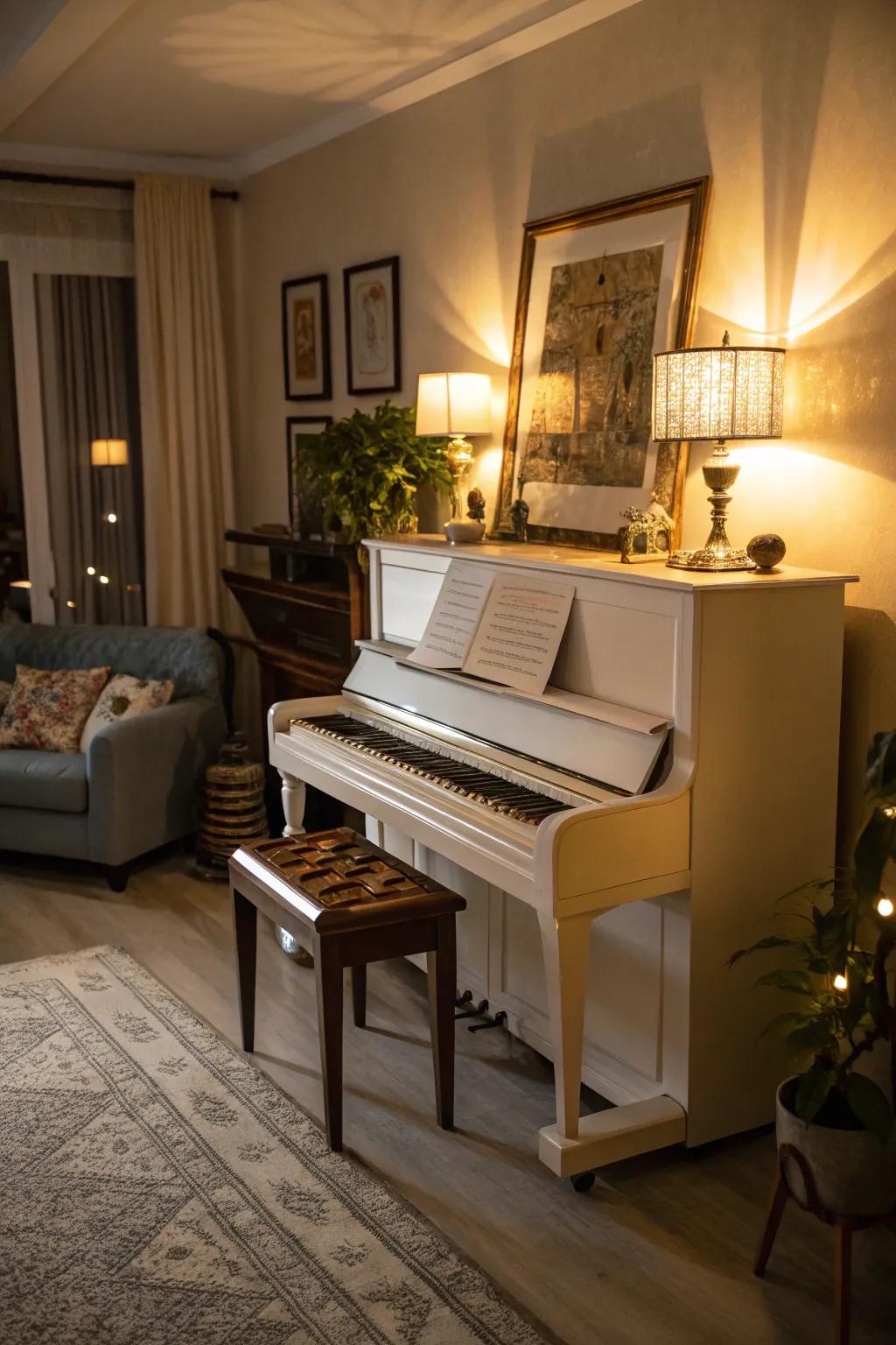 A living area featuring an upright piano enhanced by stylish lighting.