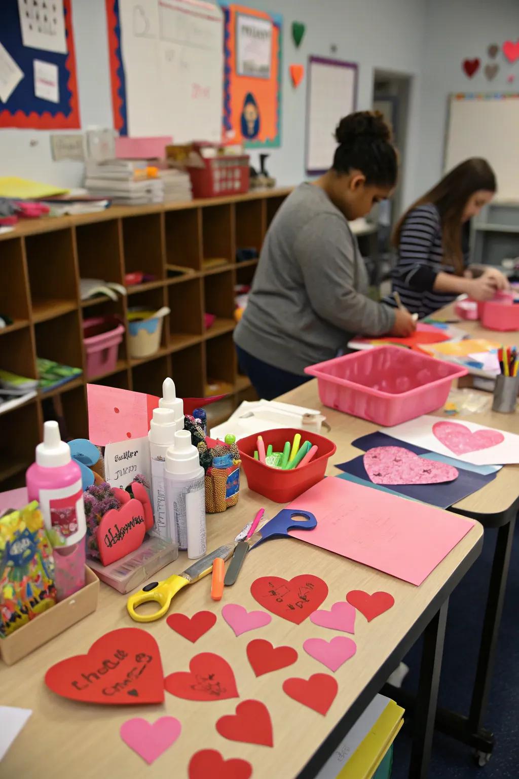 A creative corner where students craft Valentine's Day decorations.