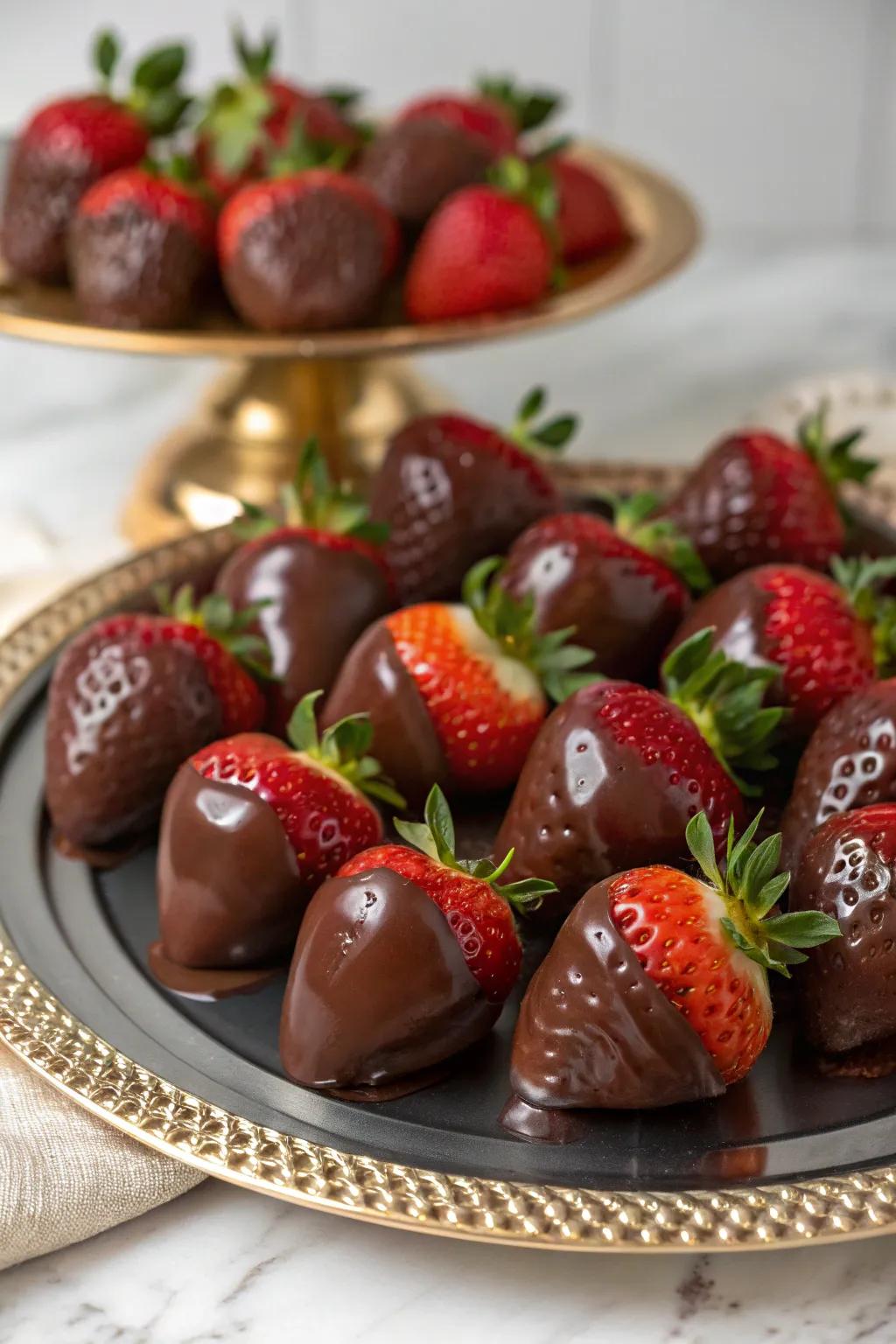 For a delicious brunch treat, there are beautiful chocolate-covered strawberries.