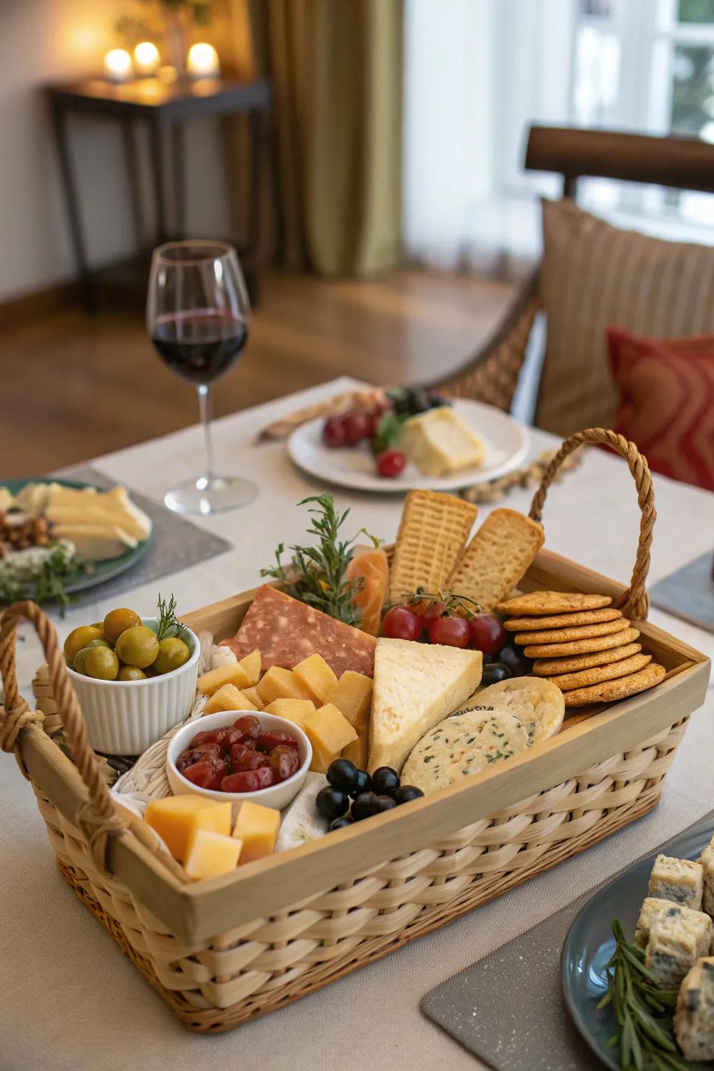 A fine snack fest basket for savory enthusiasts.