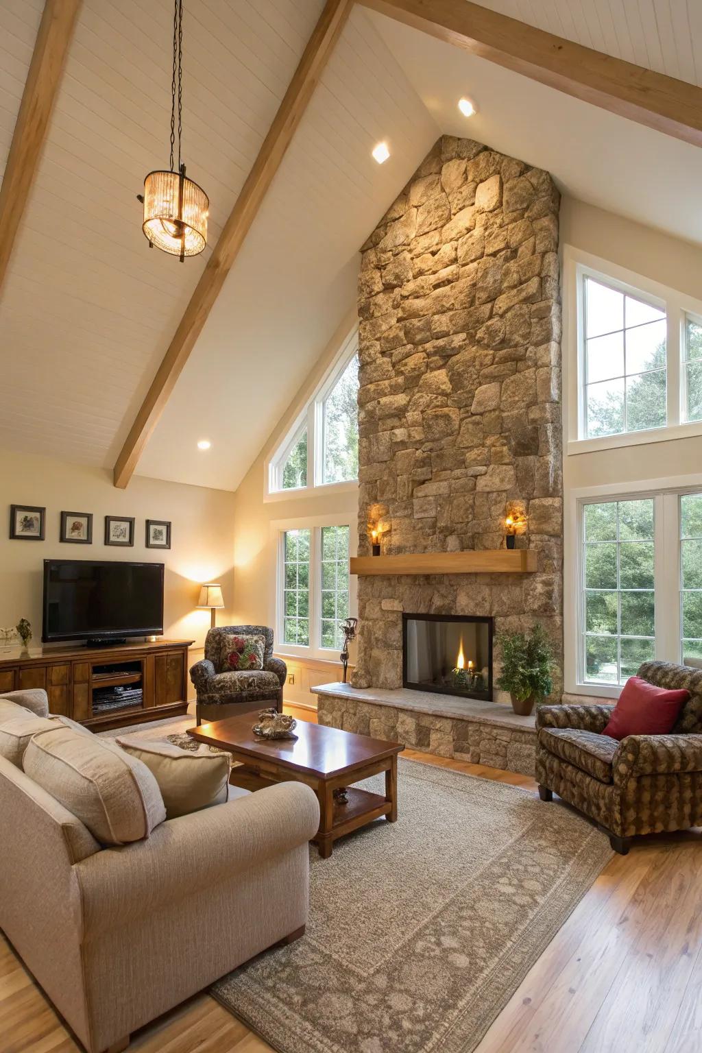 Living room featuring a vaulted ceiling and raw stone accent wall