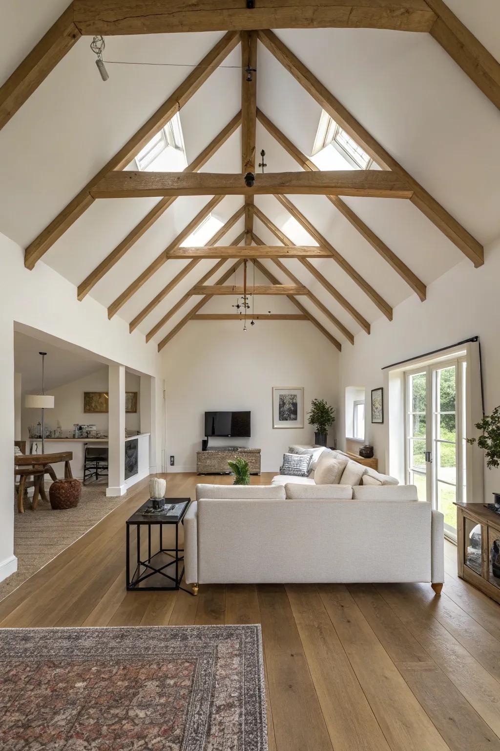 Modern minimalism achieved with slim beams on a vaulted ceiling.