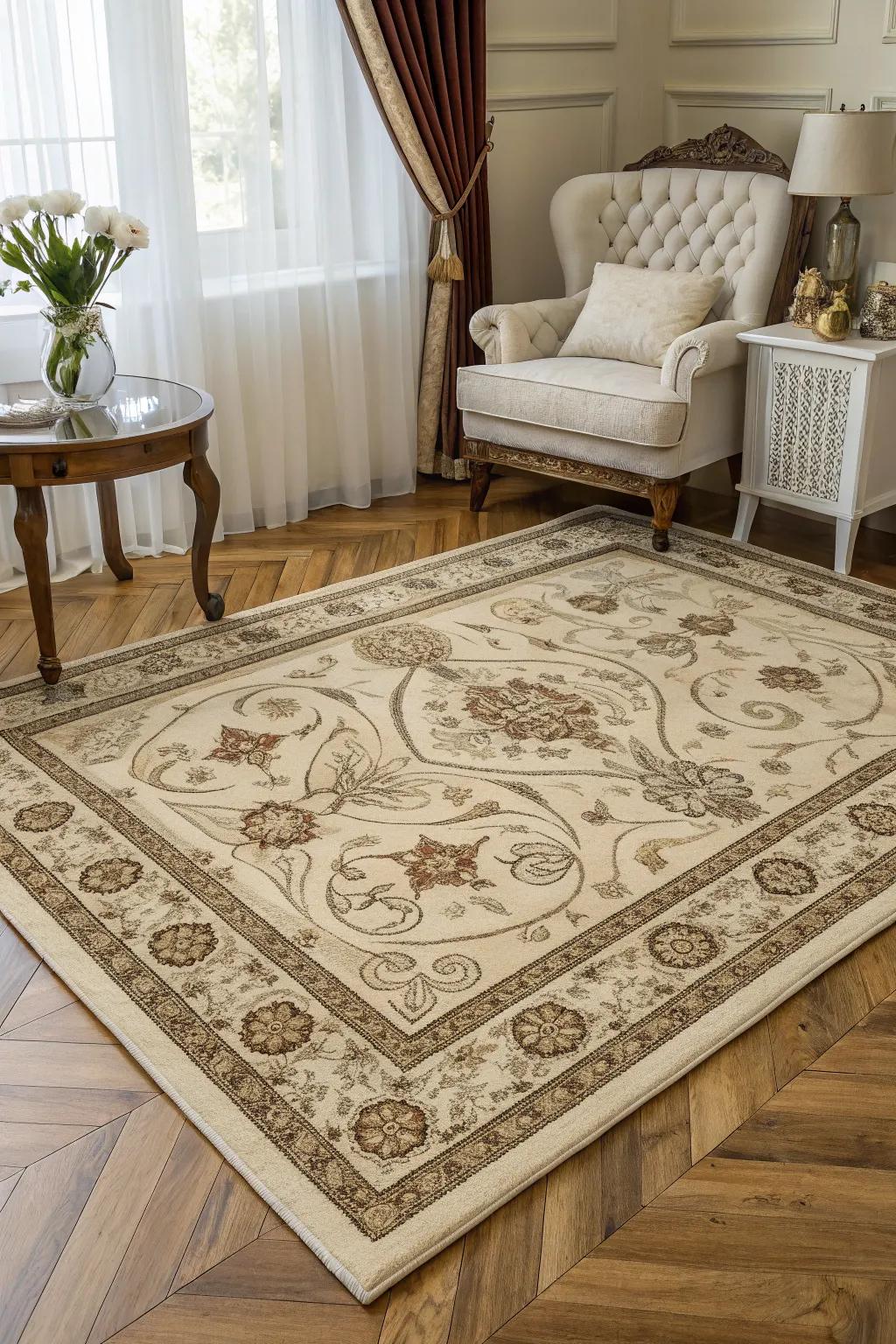 A sumptuous floor covering imparting coziness and sophistication to the space.