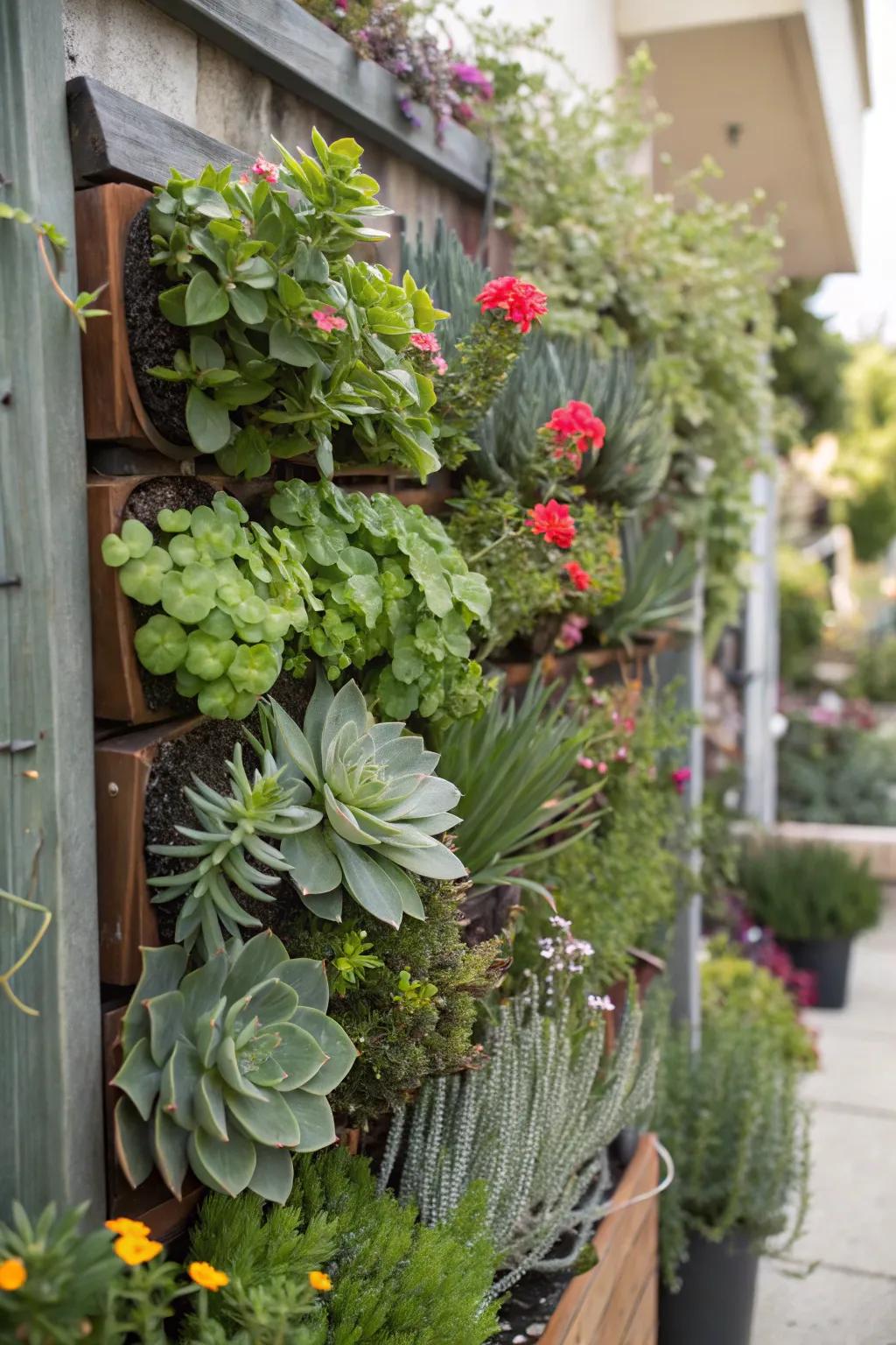 An upright garden exhibiting a fusion of succulents, herbs, and blossoms.