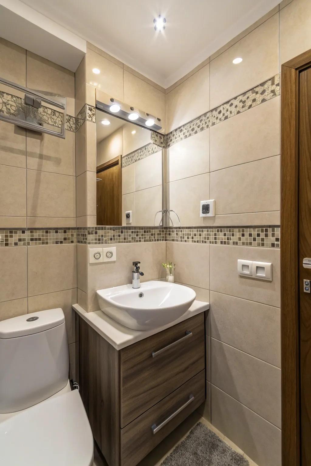 A corner sink is a clever use of area in tiny baths.