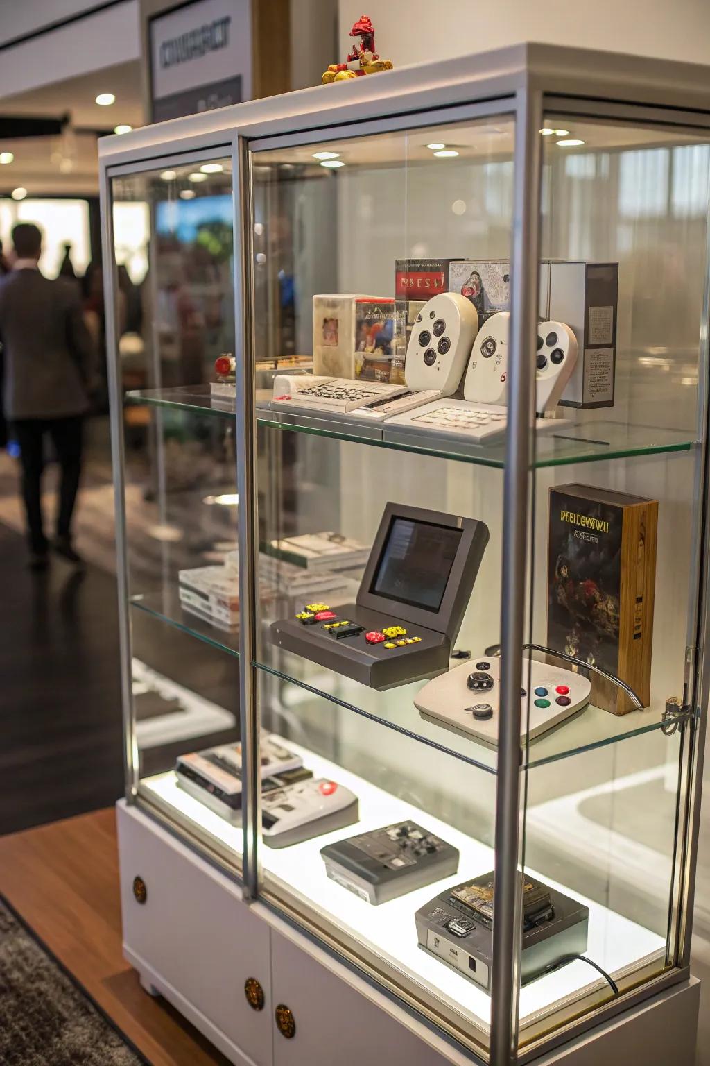 A crystal display unit delivering a transparent peek at video games and collectibles.