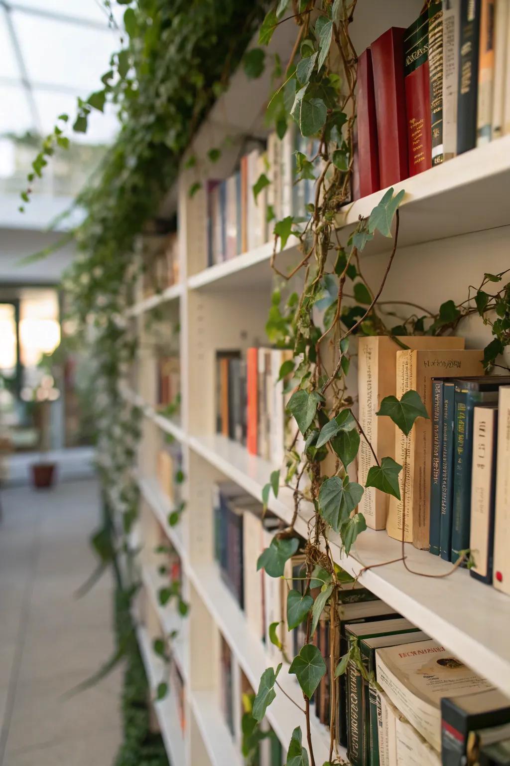 Elevate your shelving with trailing vines for enhanced texture.