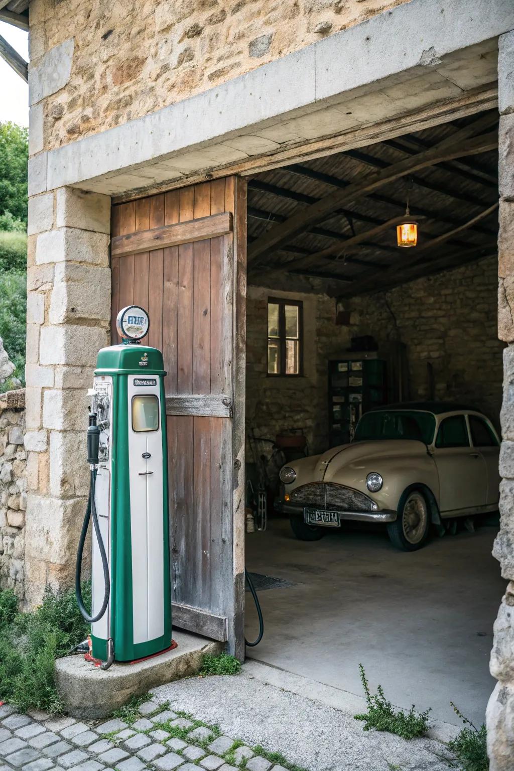 An ancient fuel dispenser functions as an eye-catching nostalgic centerpiece.