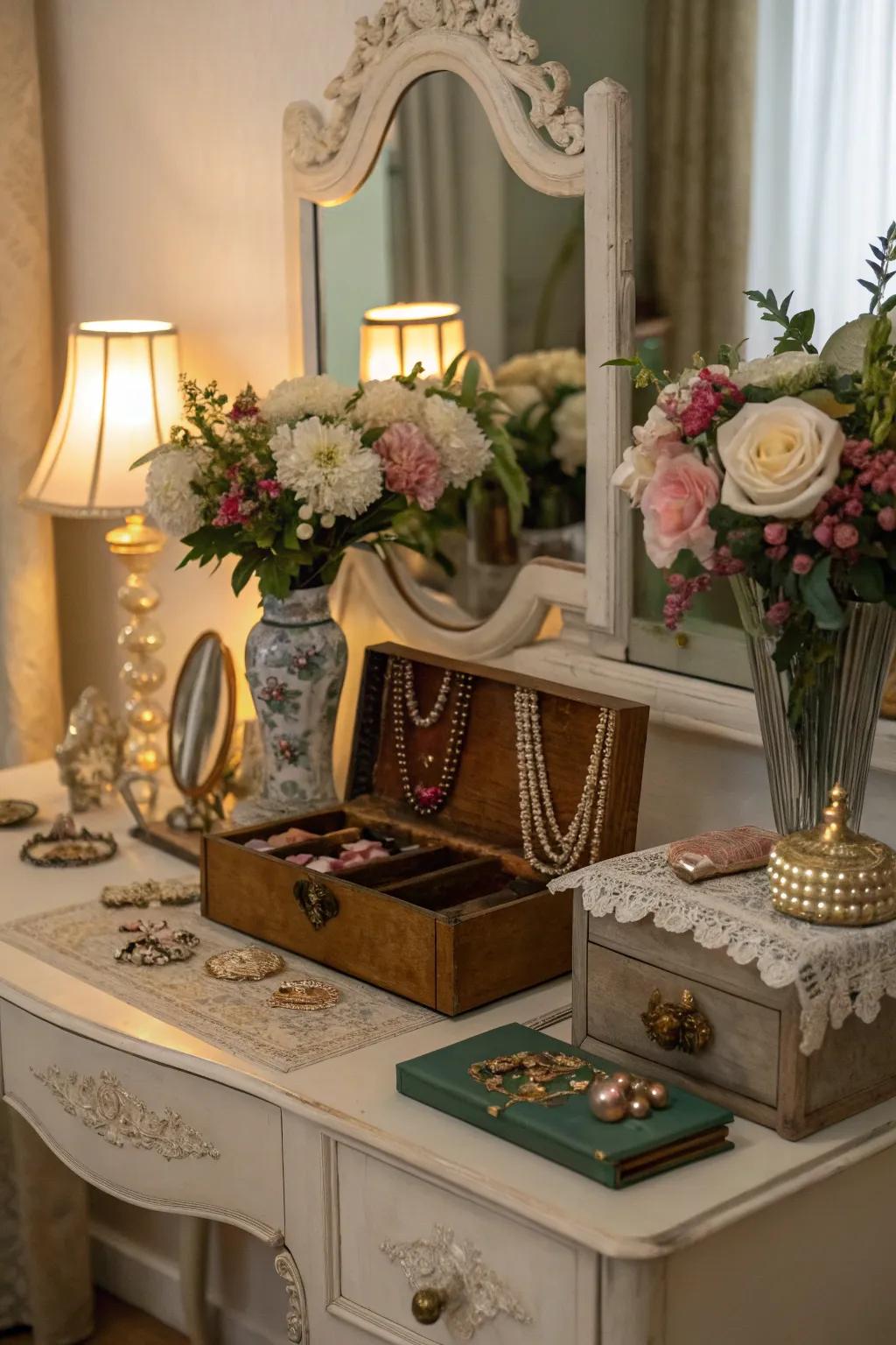 Vintage accessories like jewelry boxes and lamps enhance the authenticity of your vanity.