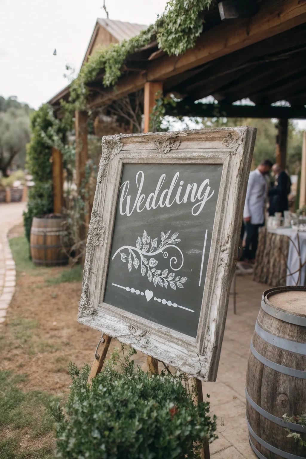 A heritage border displaying wedding signage within a rustic venue.