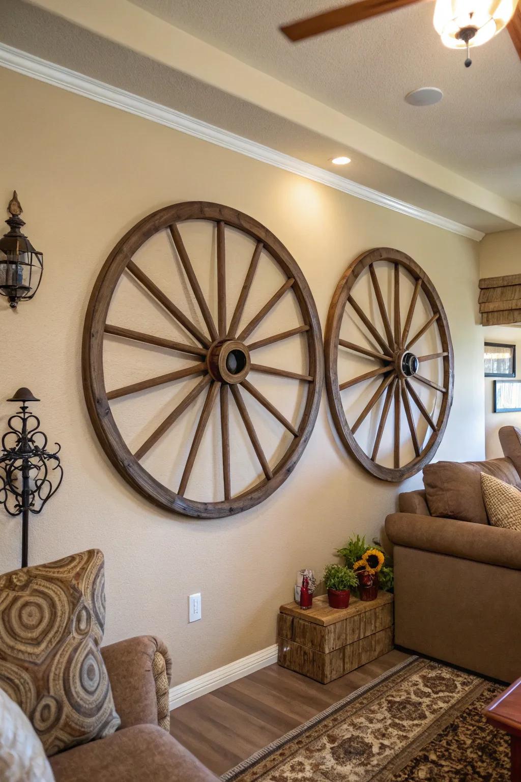 Grouped cartwheels create a harmonious exhibit in this living space.
