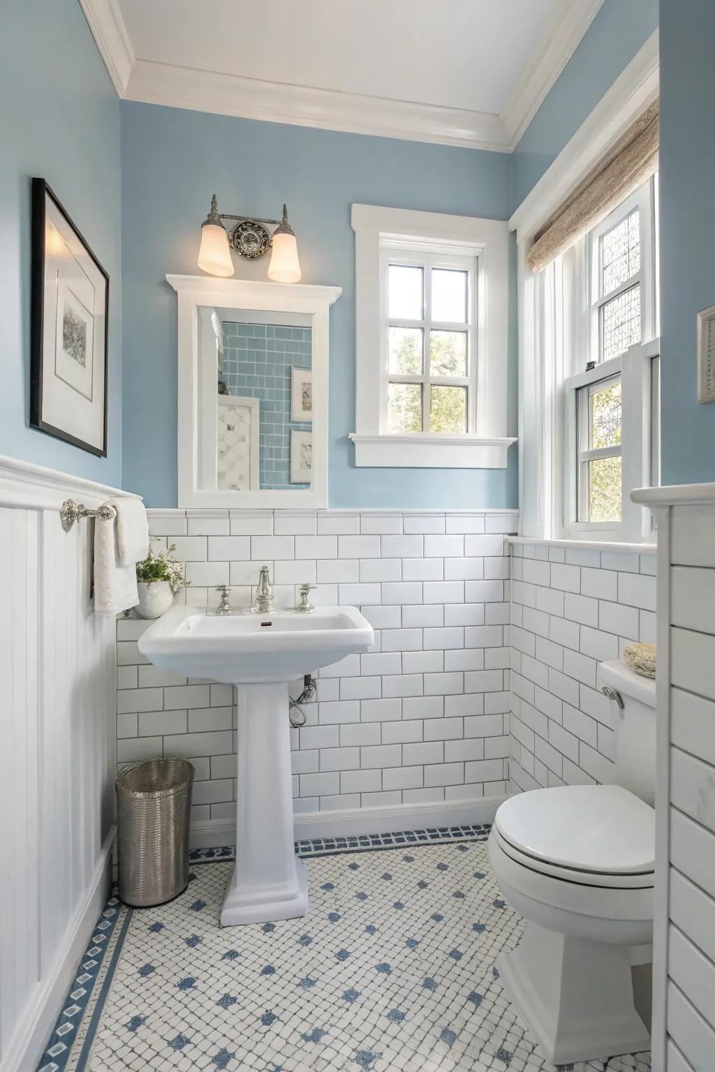 Light blue wainscoting introduces a soothing touch to powder rooms.