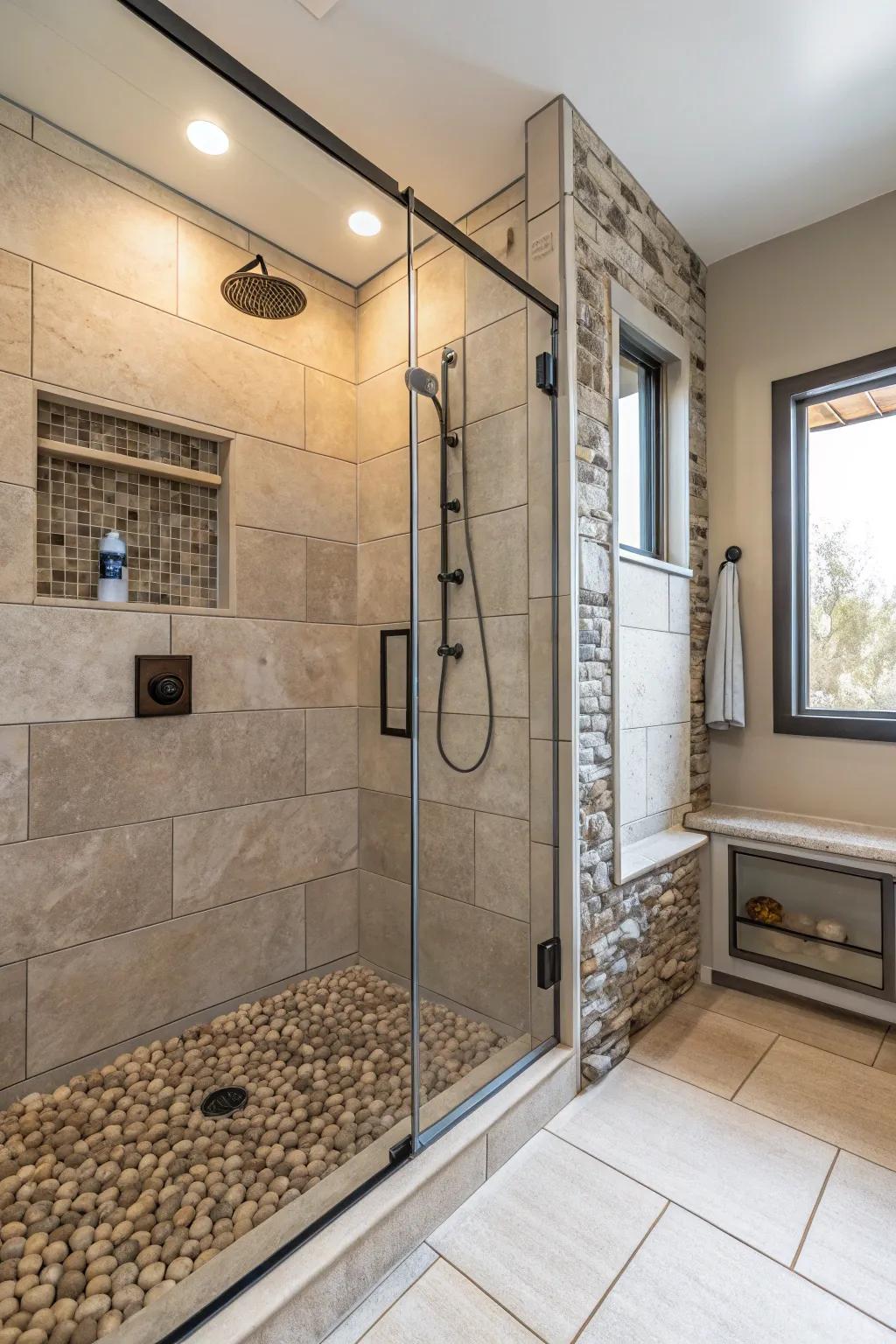 Mixing materials adds personality and depth to your shower.