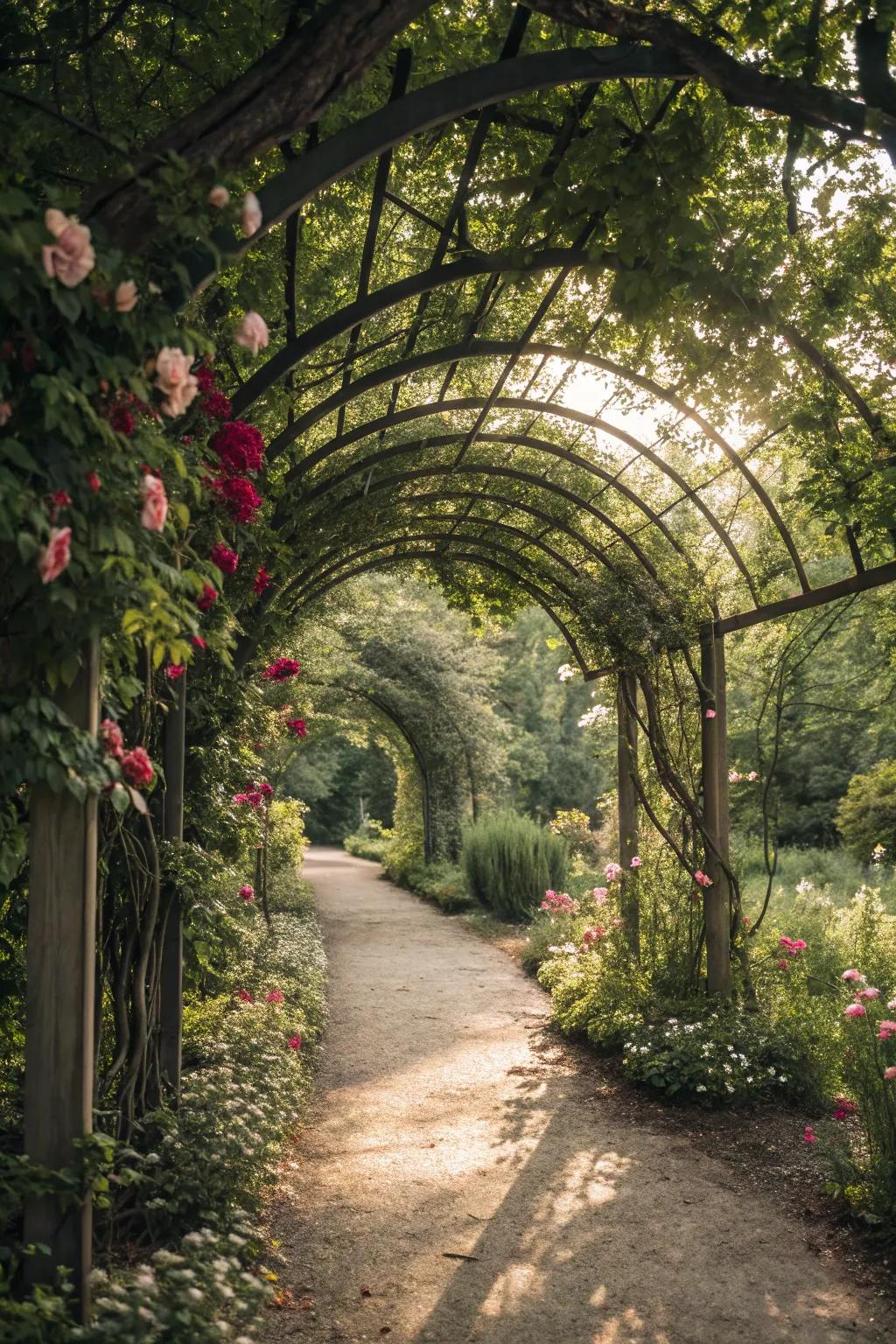 Branch framework arches present a whimsical, storybook sensation to garden routes.