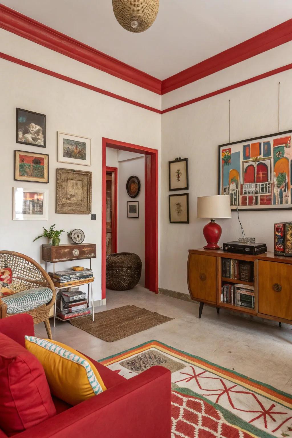 Energetic and lively with neutral walls and bold crimson trim.