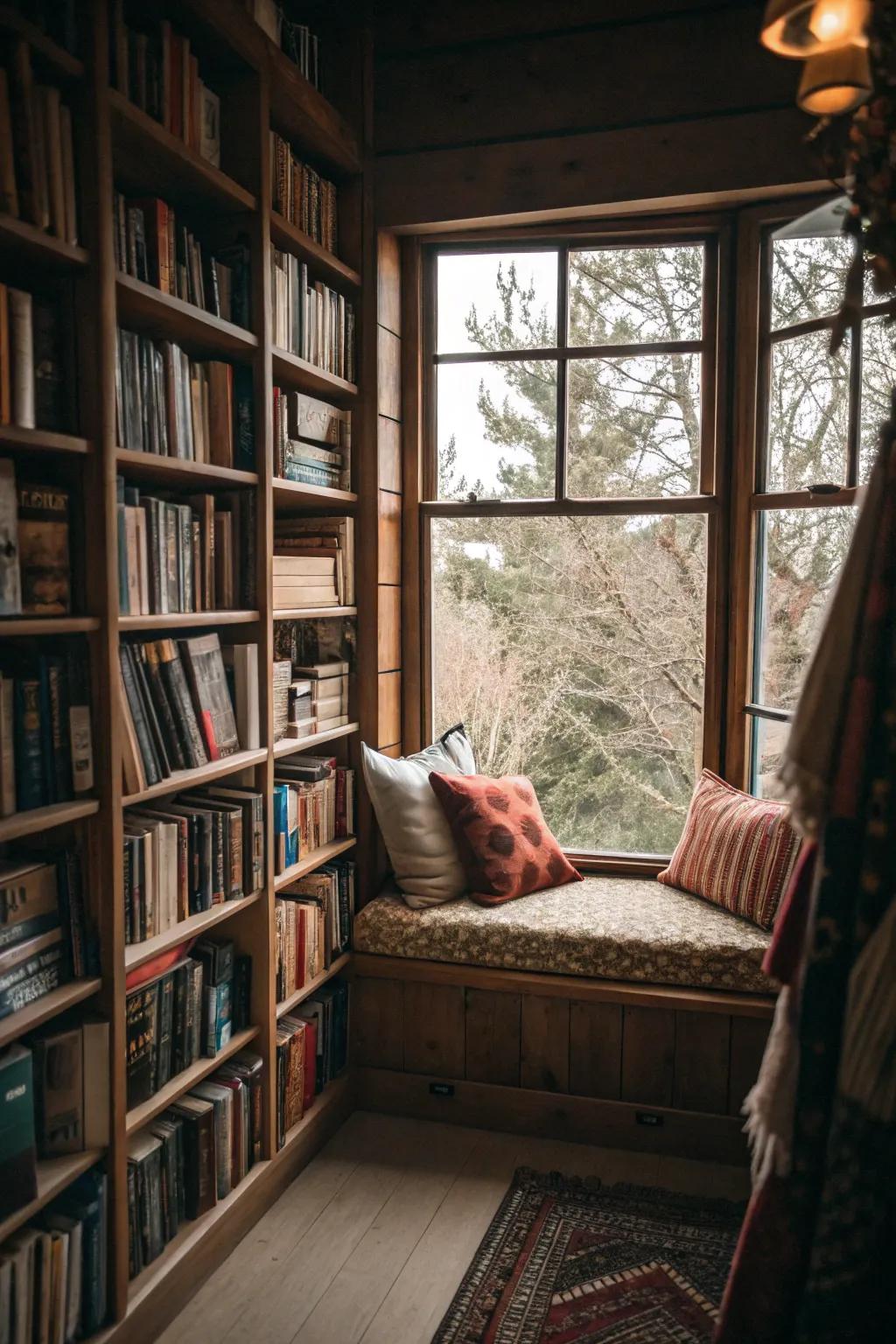 A window seat bordered by bookshelves creates the ultimate reading haven.