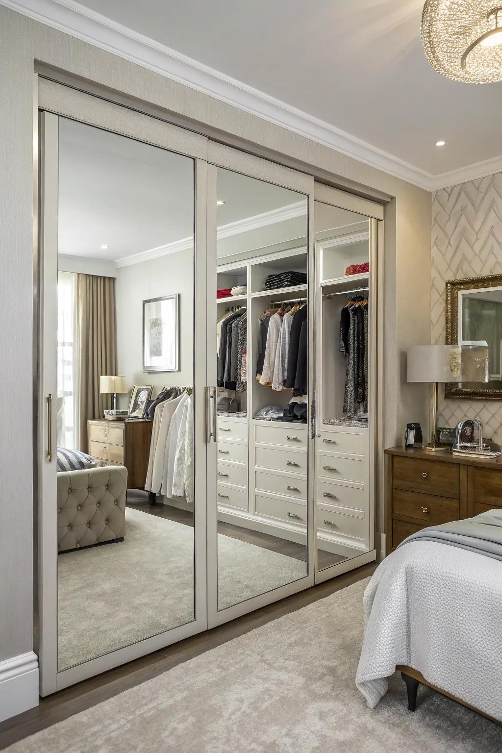 Wall closet uses Mirrored doors on.
